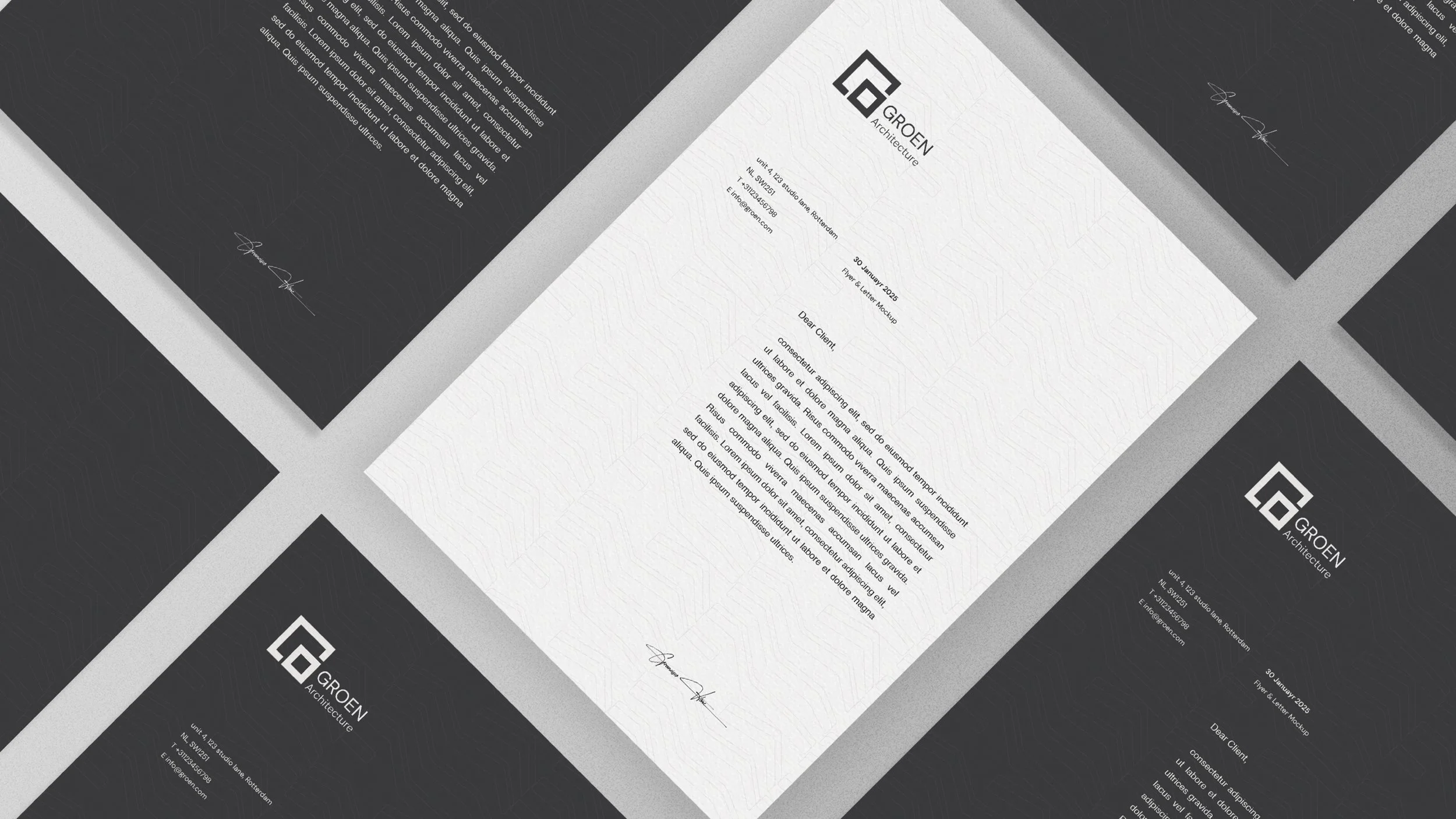 A collection of documents for Groene Architecture, including black backgrounds with white text and a white letterhead with the company's logo and contact information, arranged on a gray surface.