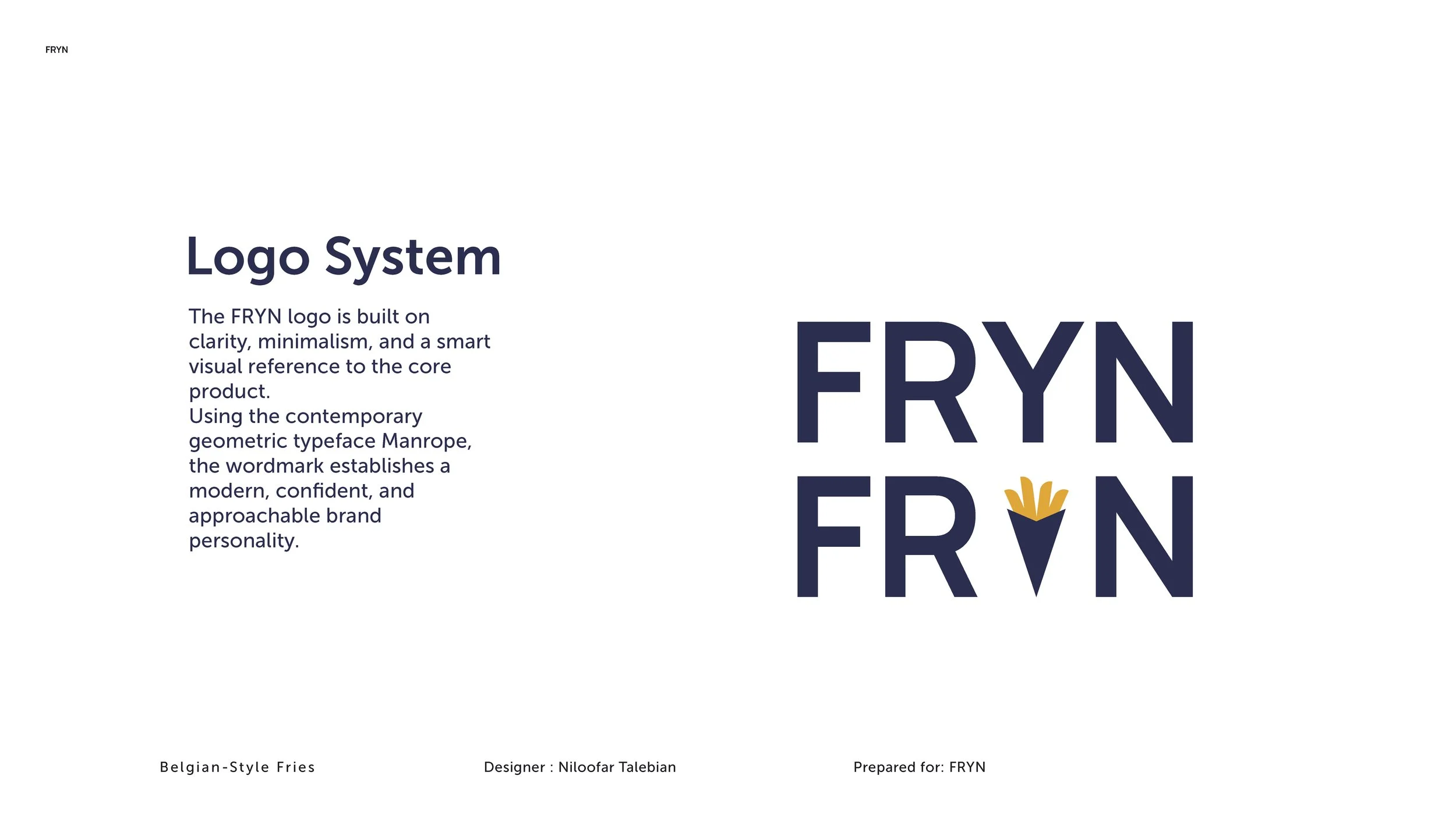 A branding guideline page for the FRYN logo system, featuring the logo with a stylized carrot, a description of the logo design principles, and information about the designer and purpose.