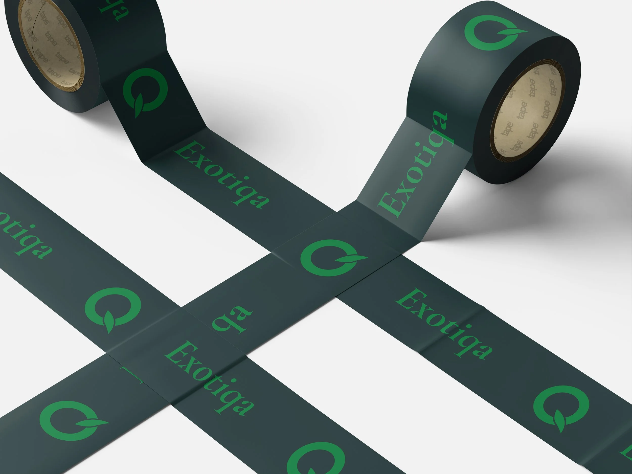 Rolls of black adhesive tape with green logo and the word "Exotiga" printed on it, arranged on a white surface.