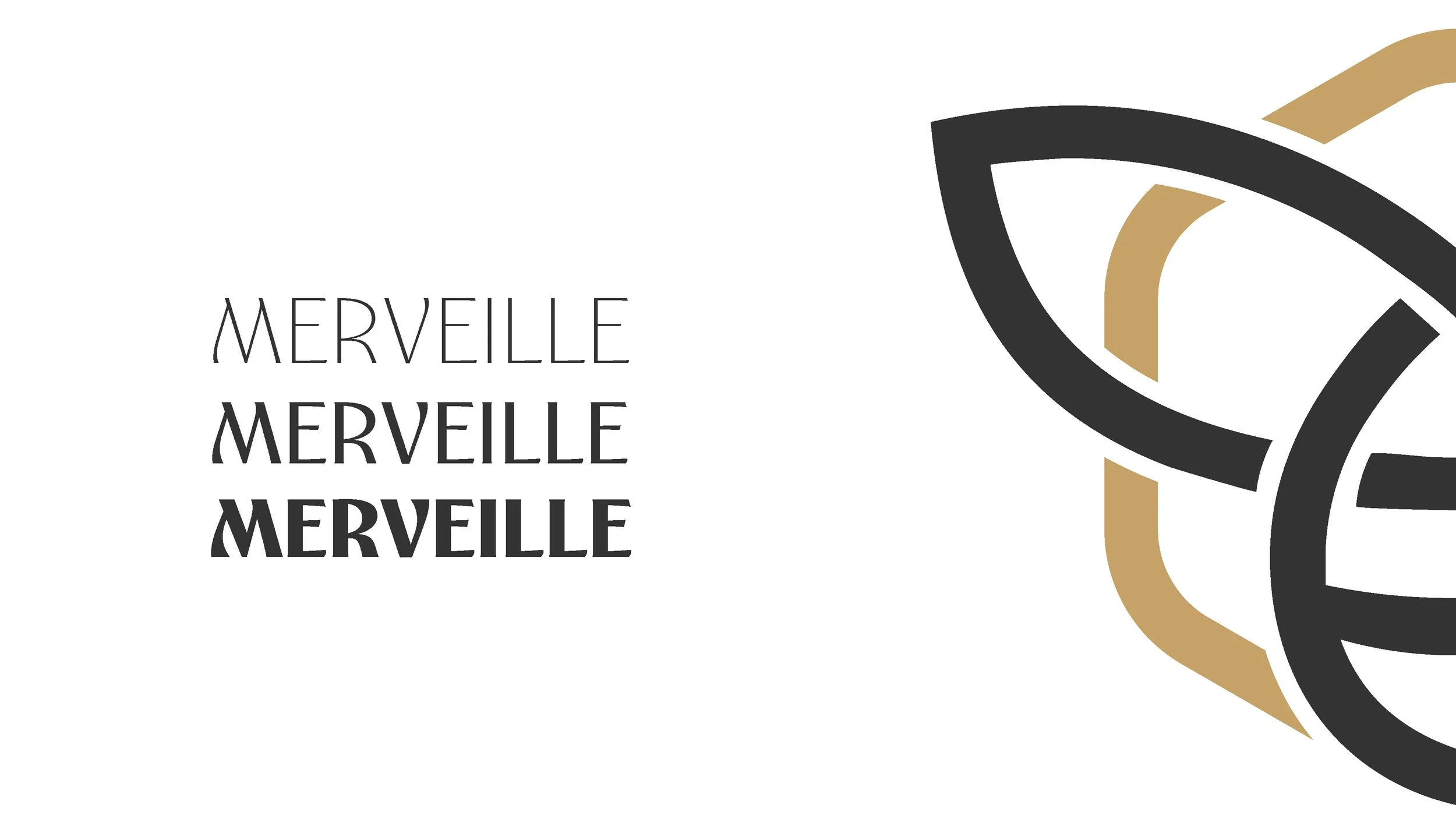Minimalist graphic design with the words "Merveille Merveille" repeated four times in different fonts and weight, alongside abstract black and gold geometric shapes.