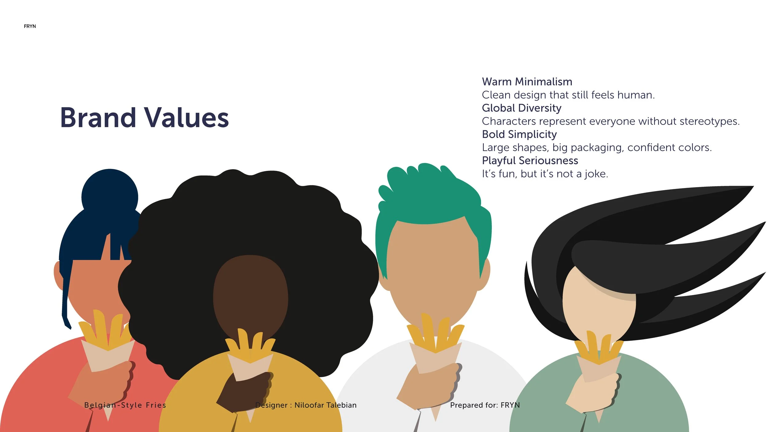 Illustration of four diverse women holding Belgian-style fries, representing brand values including warm minimalism, global diversity, bold simplicity, and playful seriousness.