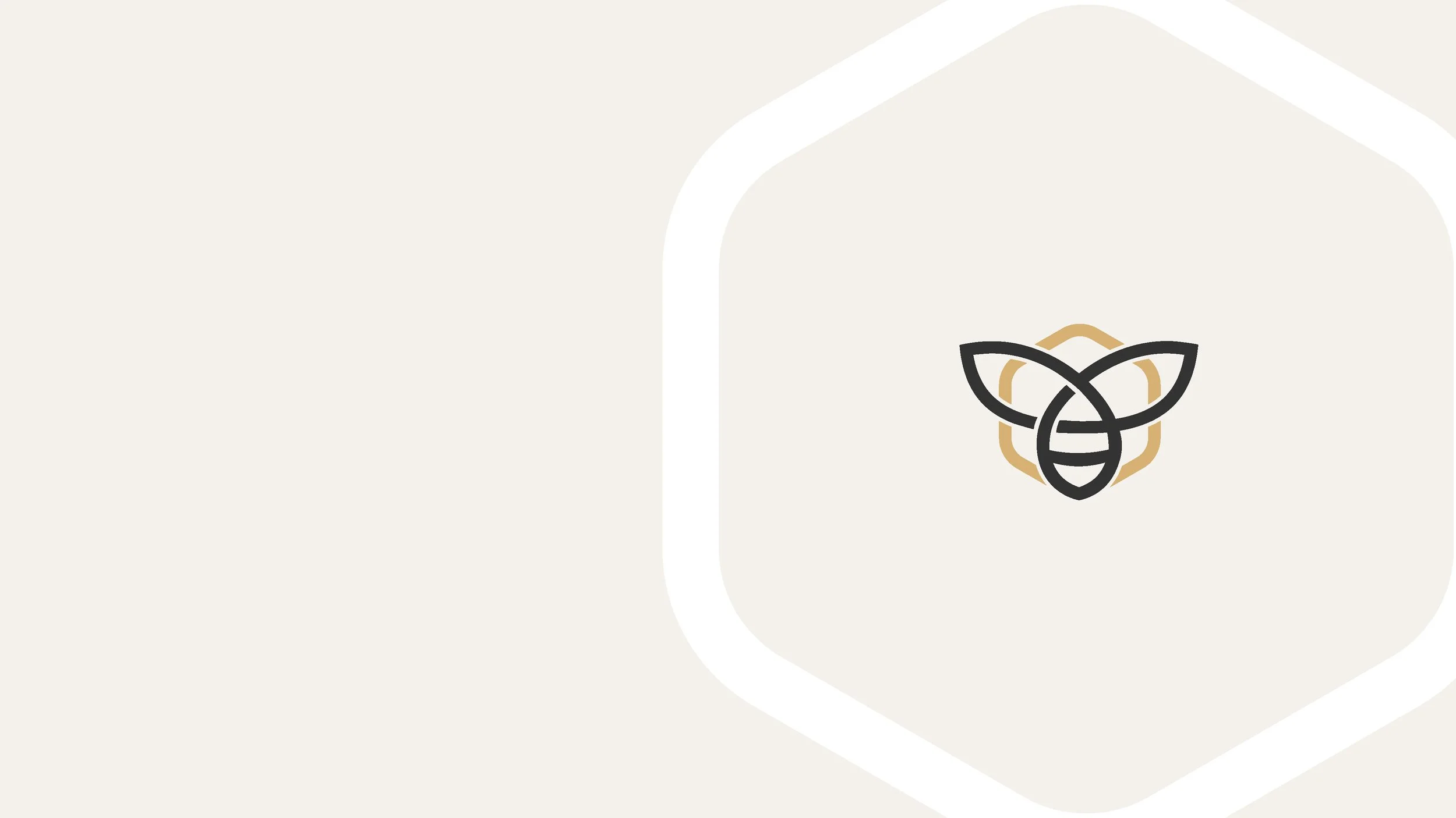 Minimalist logo of a bee with abstract honeycomb design in black and gold on a light beige background.