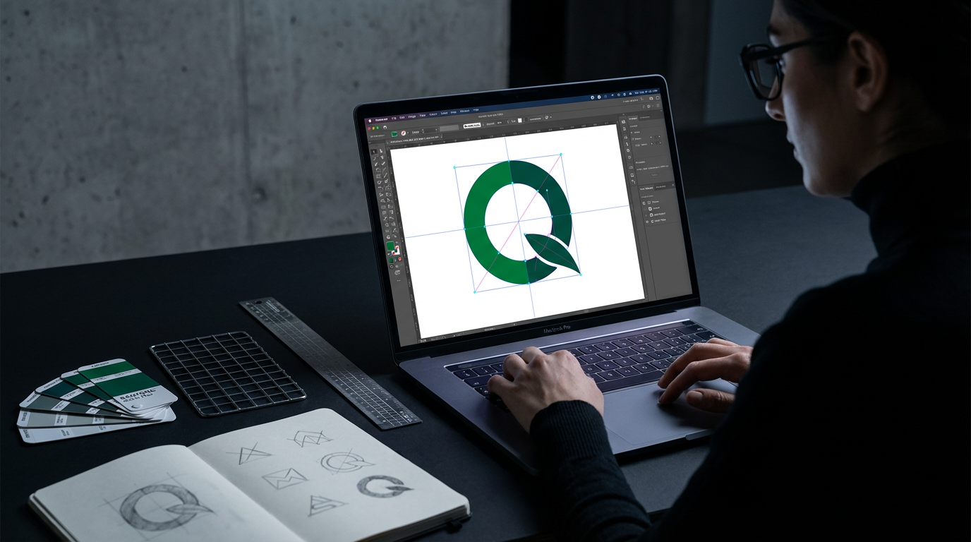 Person working on logo design on a MacBook, with color swatches, sketchbook, and design tools on the desk.