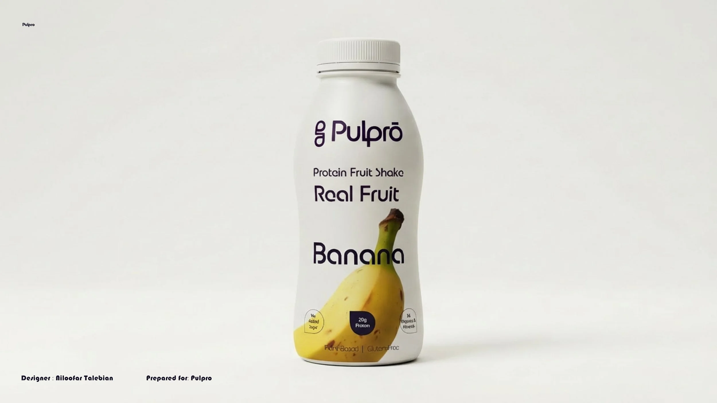 A white bottle of Pulprō brand protein fruit shake with banana flavor. The label features an image of a banana and text highlighting its nutritional benefits, such as being low in added sugar, containing 20 grams of protein, and having 16 vitamins an