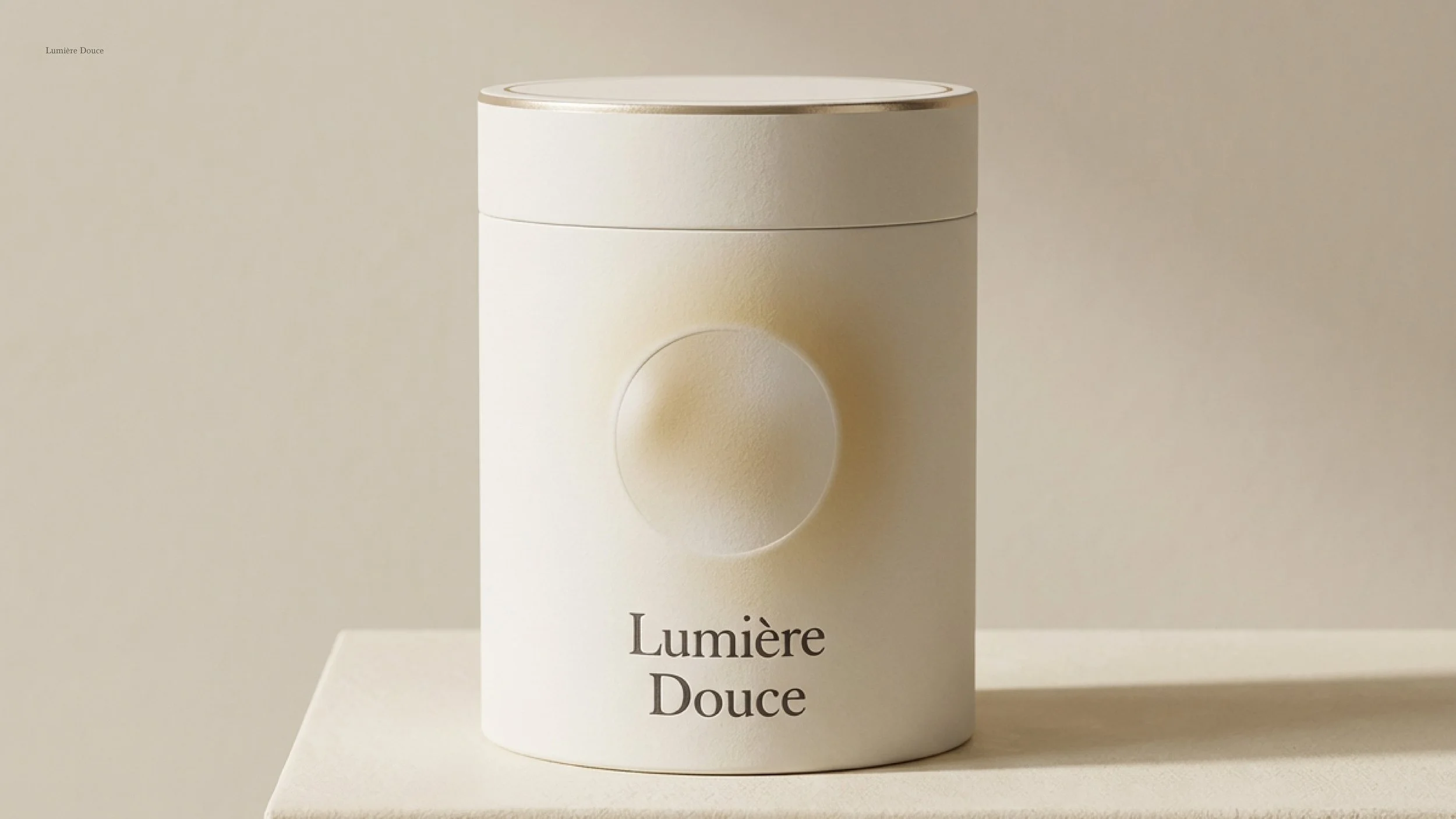 A cylindrical container labeled 'Lumière Douce' with a smooth, rounded design and a minimalist aesthetic, placed on a white surface against a neutral background.