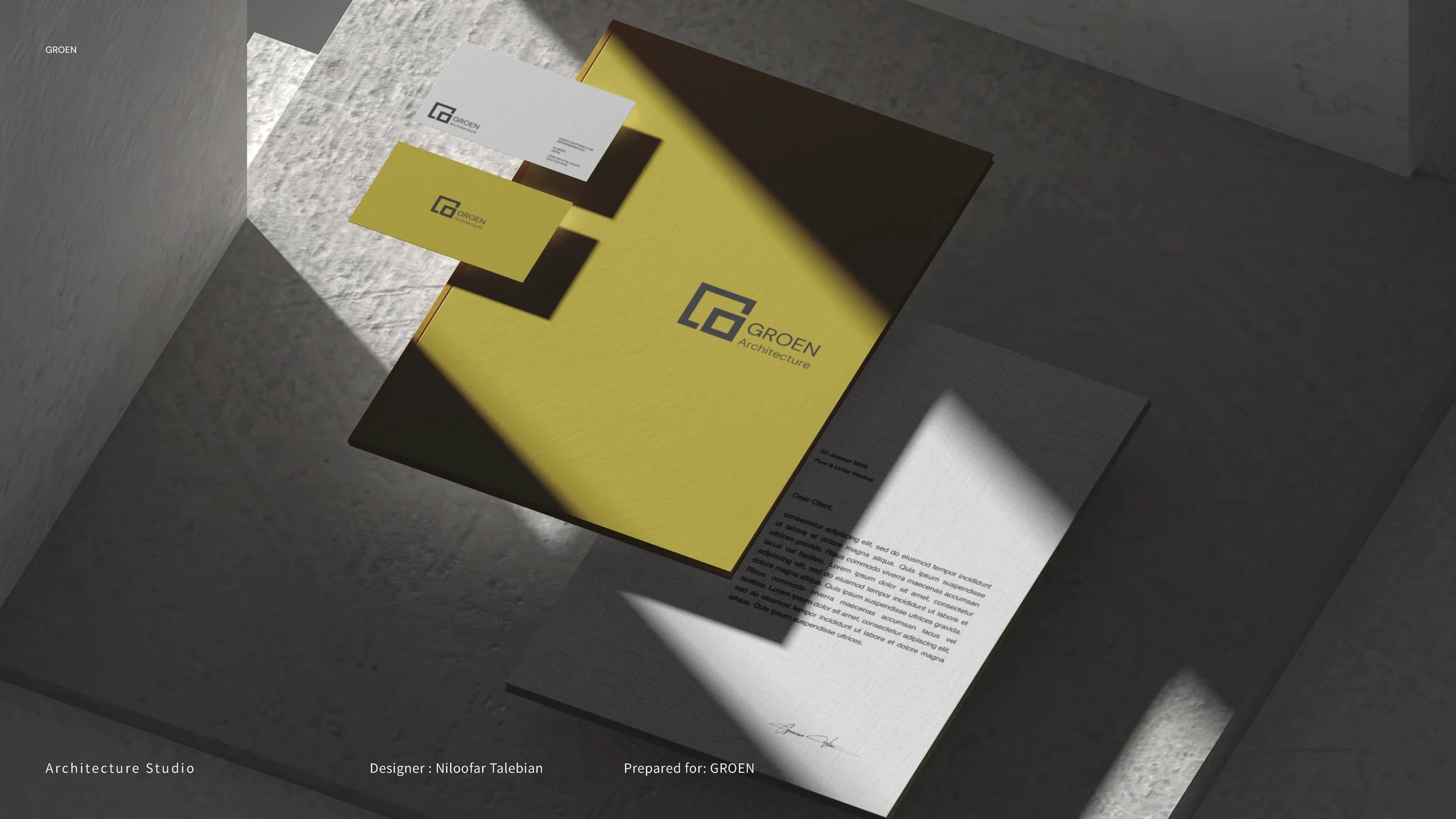 Architectural presentation materials with a yellow and white brochure of GROEN Architecture, placed on textured surfaces with shadows.