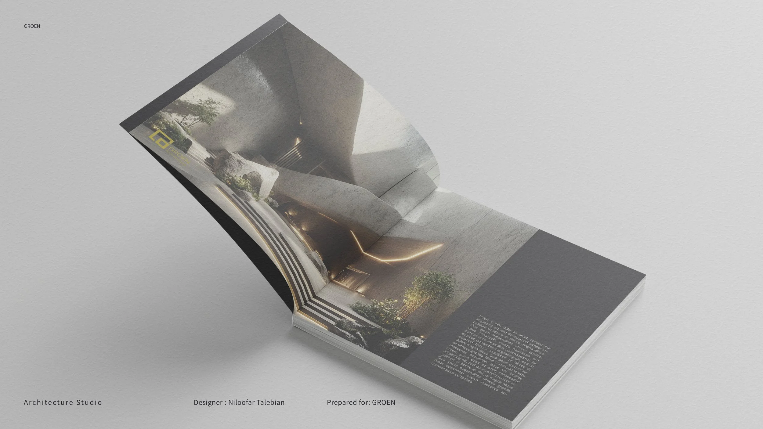 Interior view of a modern architectural building with concrete walls, stairs, and ambient lighting.