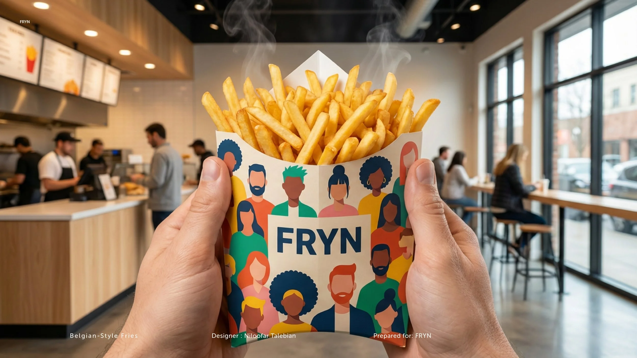 A hand holding a carton of Belgian-style fries with steam rising, inside a fast-food restaurant with customers and staff at the counter.