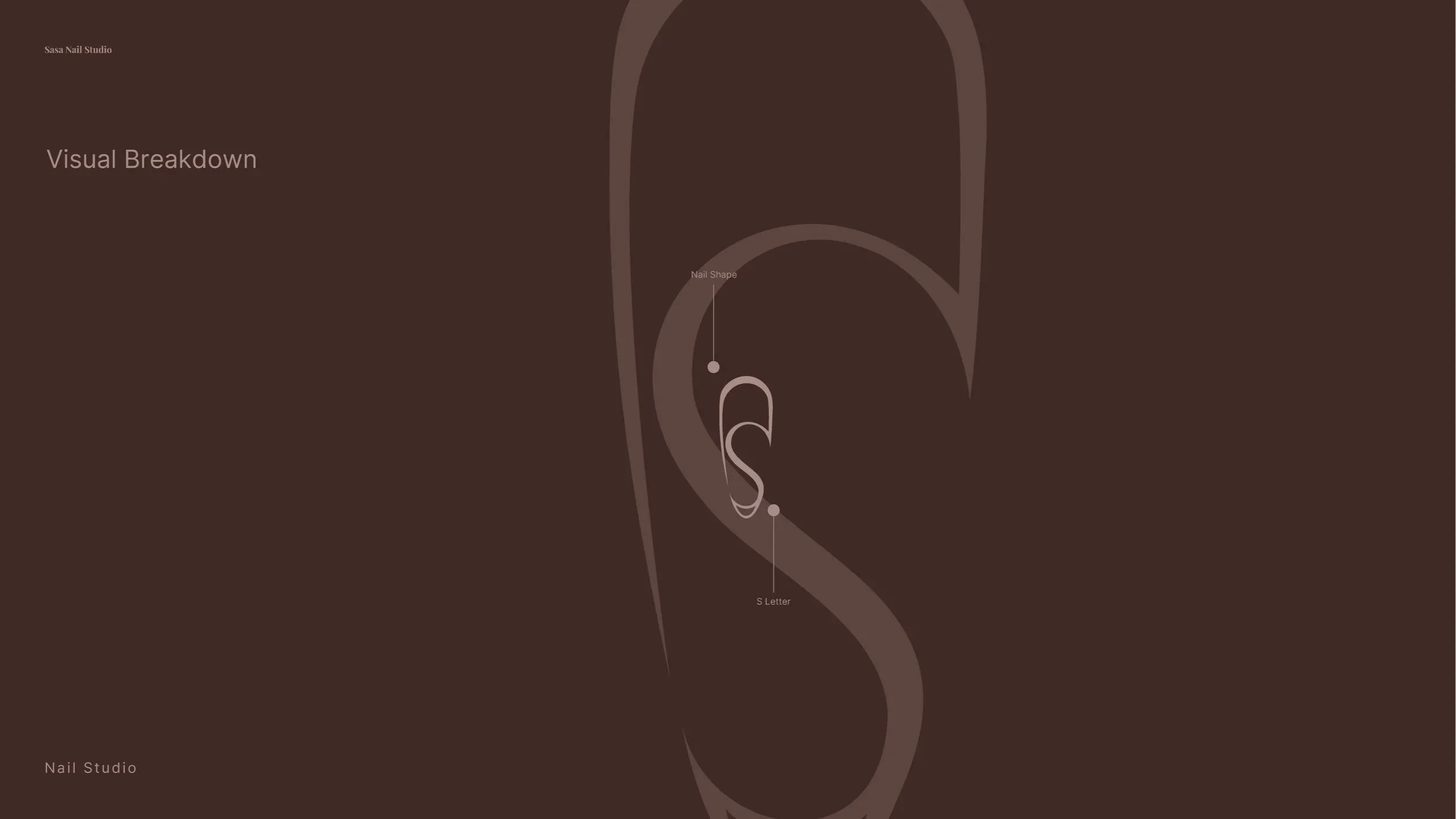 Diagram illustrating the visual breakdown of a nail, showing the nail shape and the S letter shape, on a brown background with labels.