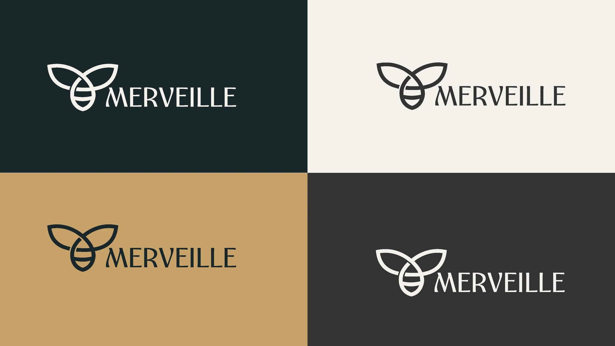 Four variations of a logo featuring a bee with leaves as wings and the word "MERVILLE" in different background colors.