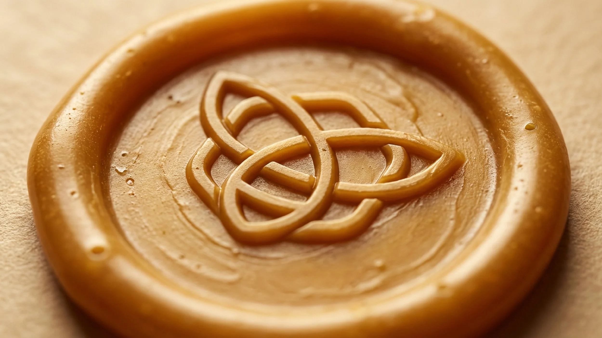 A caramel-colored wax seal with an intricate owl design embossed in the center, placed on a light-colored background.