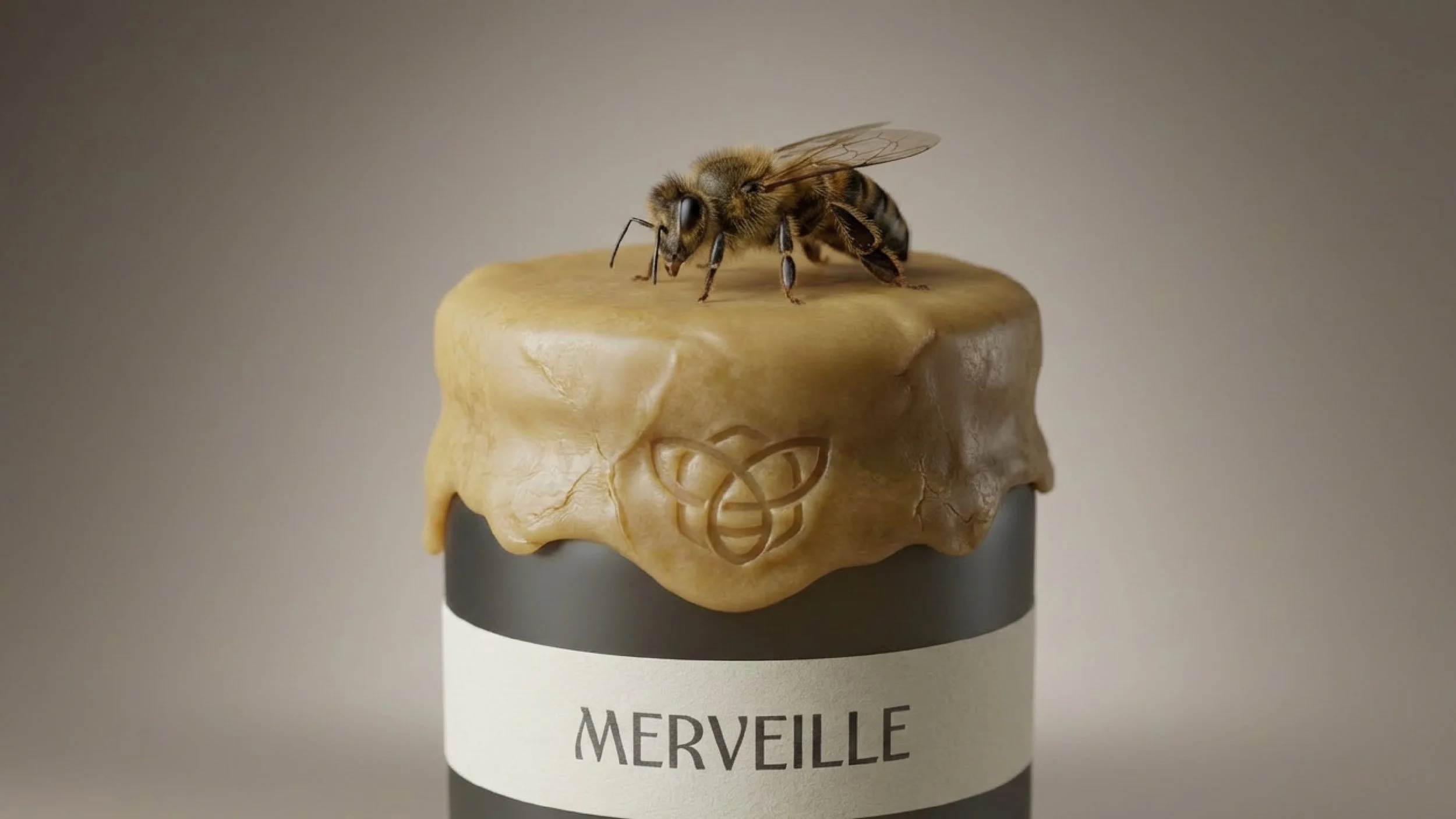 A jar with a brown wax seal on top, featuring a butterfly honey bee on the wax. The jar has a label that reads "MERVEILLE."