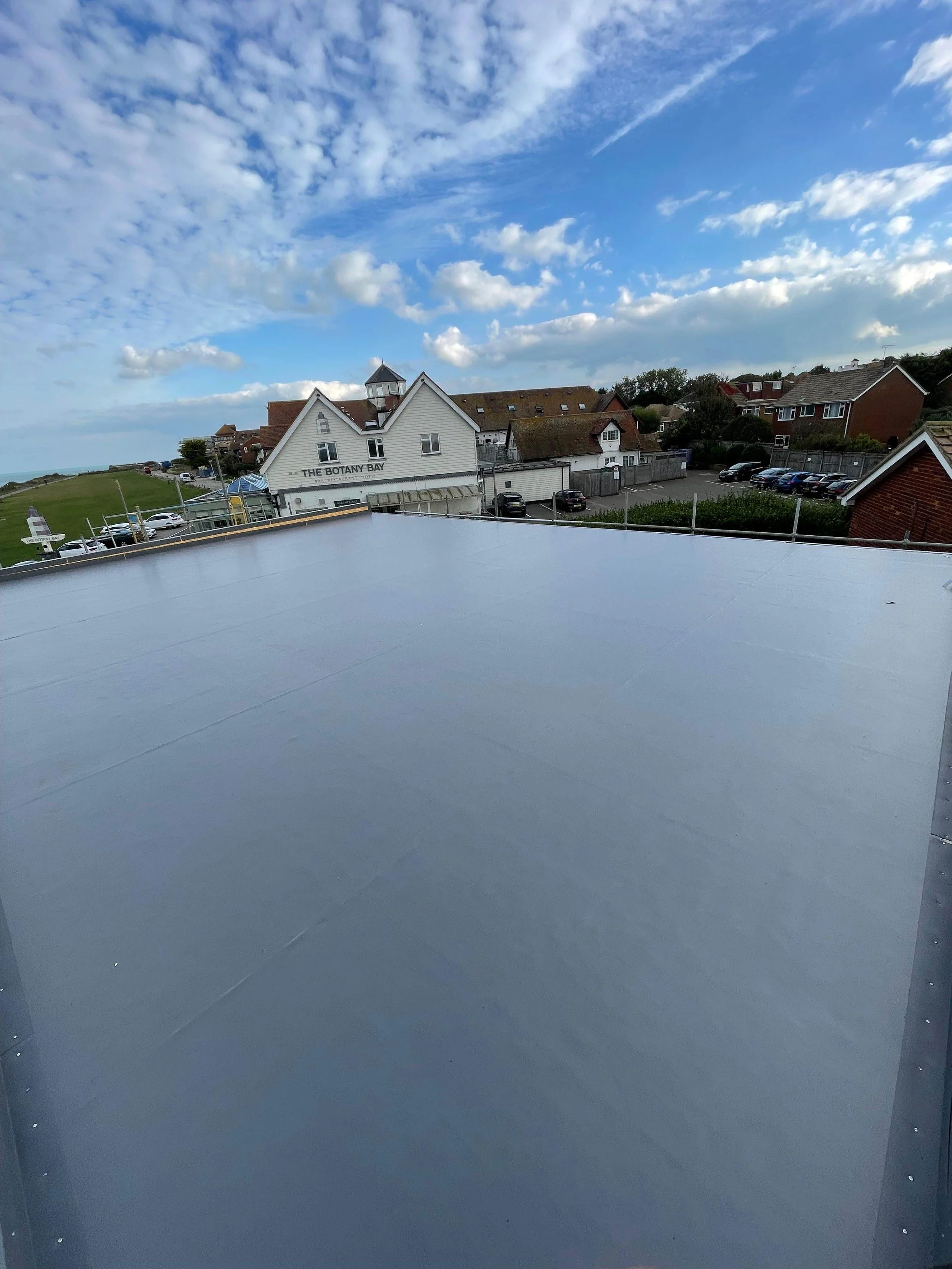 View of a flat, metallic rooftop with an ocean in the distance, a partly cloudy sky, and a neighborhood with houses, cars, and a building labeled "The Botany Bay."
