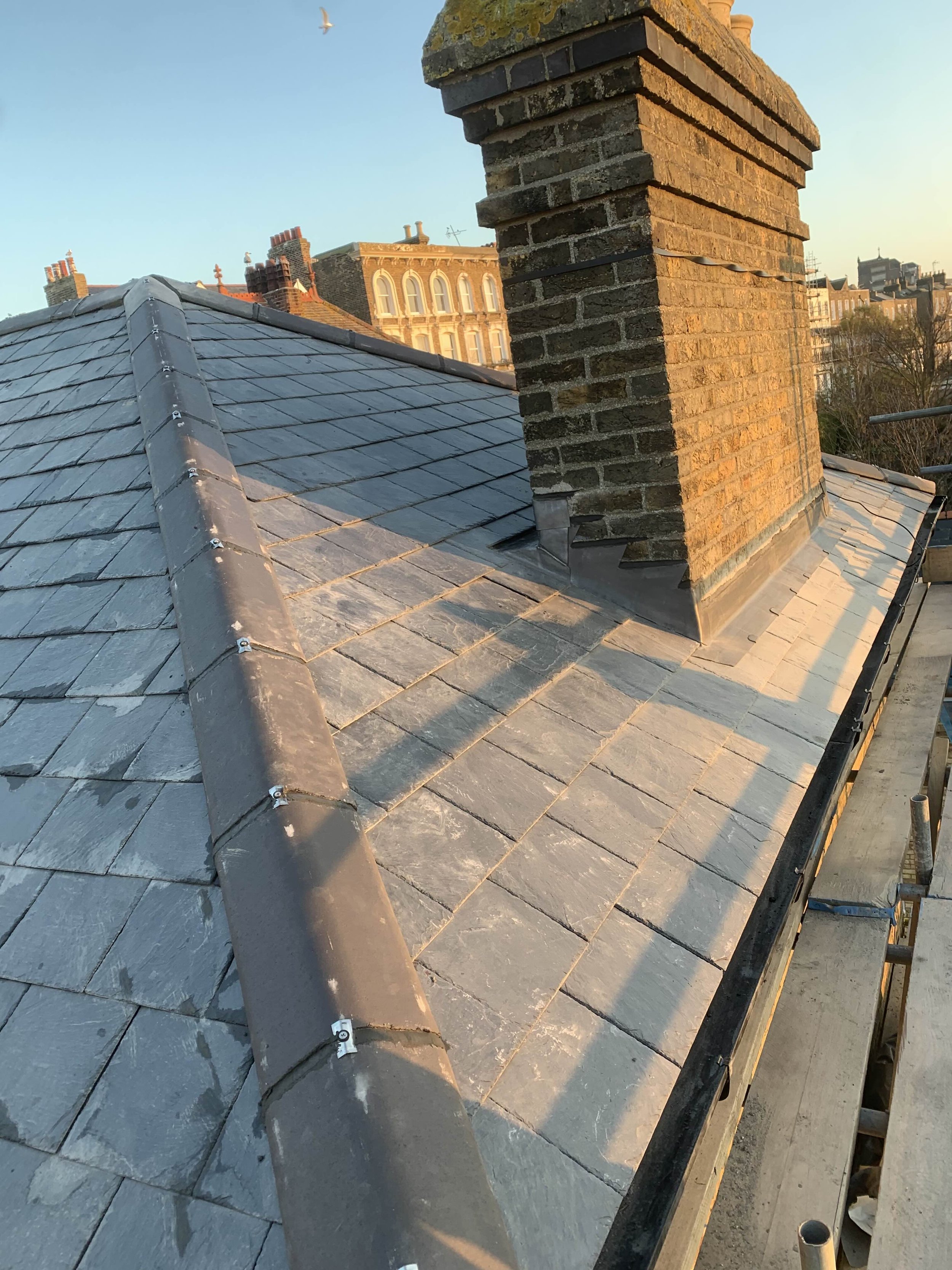 A rooftop with slate tiles and a brick chimney, viewed in warm sunlight, with buildings and a bird in the background.