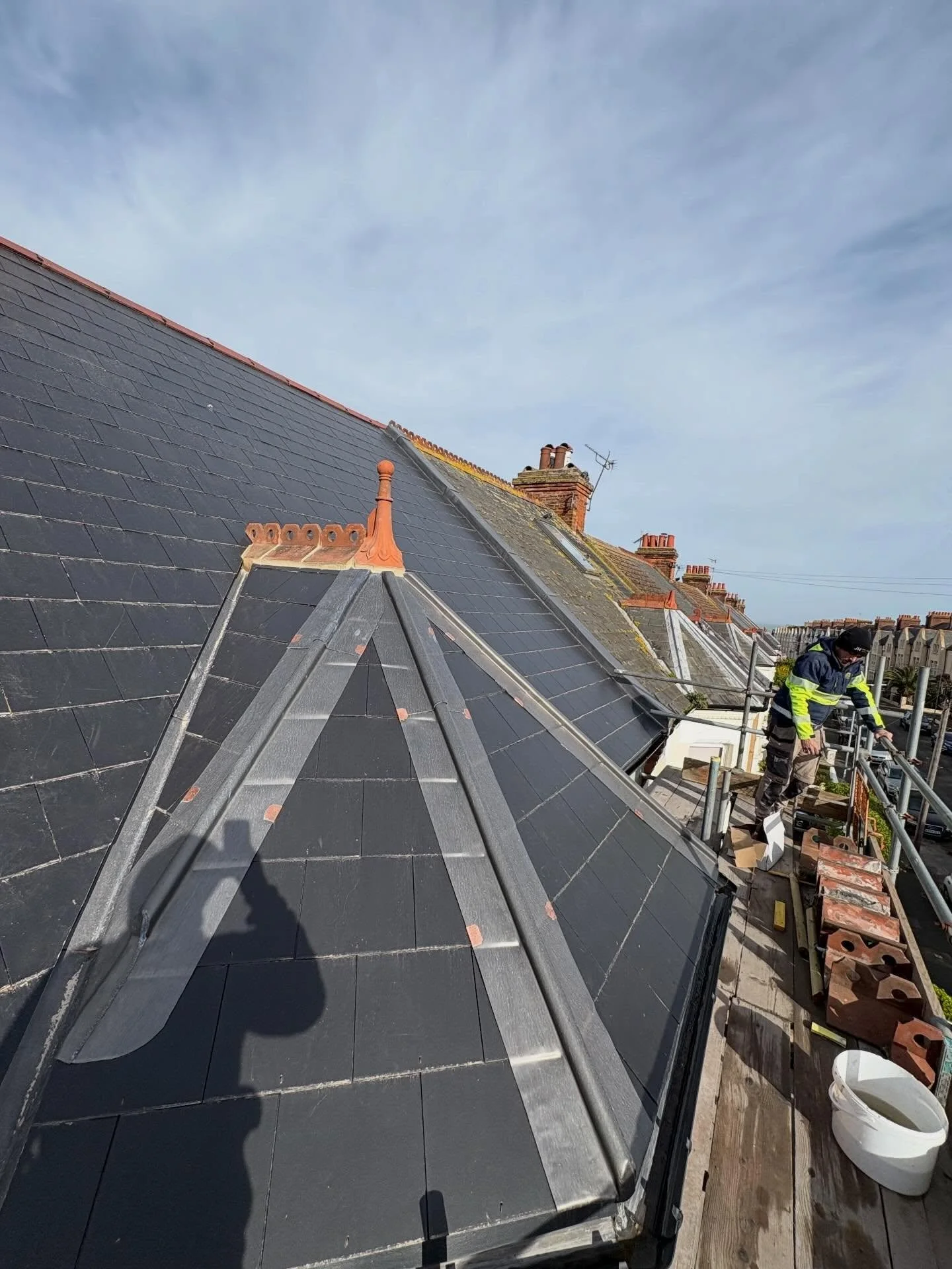 Recently completed re-roof in Clifftonville Margate keeping some of the original feature with the Lead hips ridge and finial #Margate #Clifftonville #Roofing #Slating #LeadWork