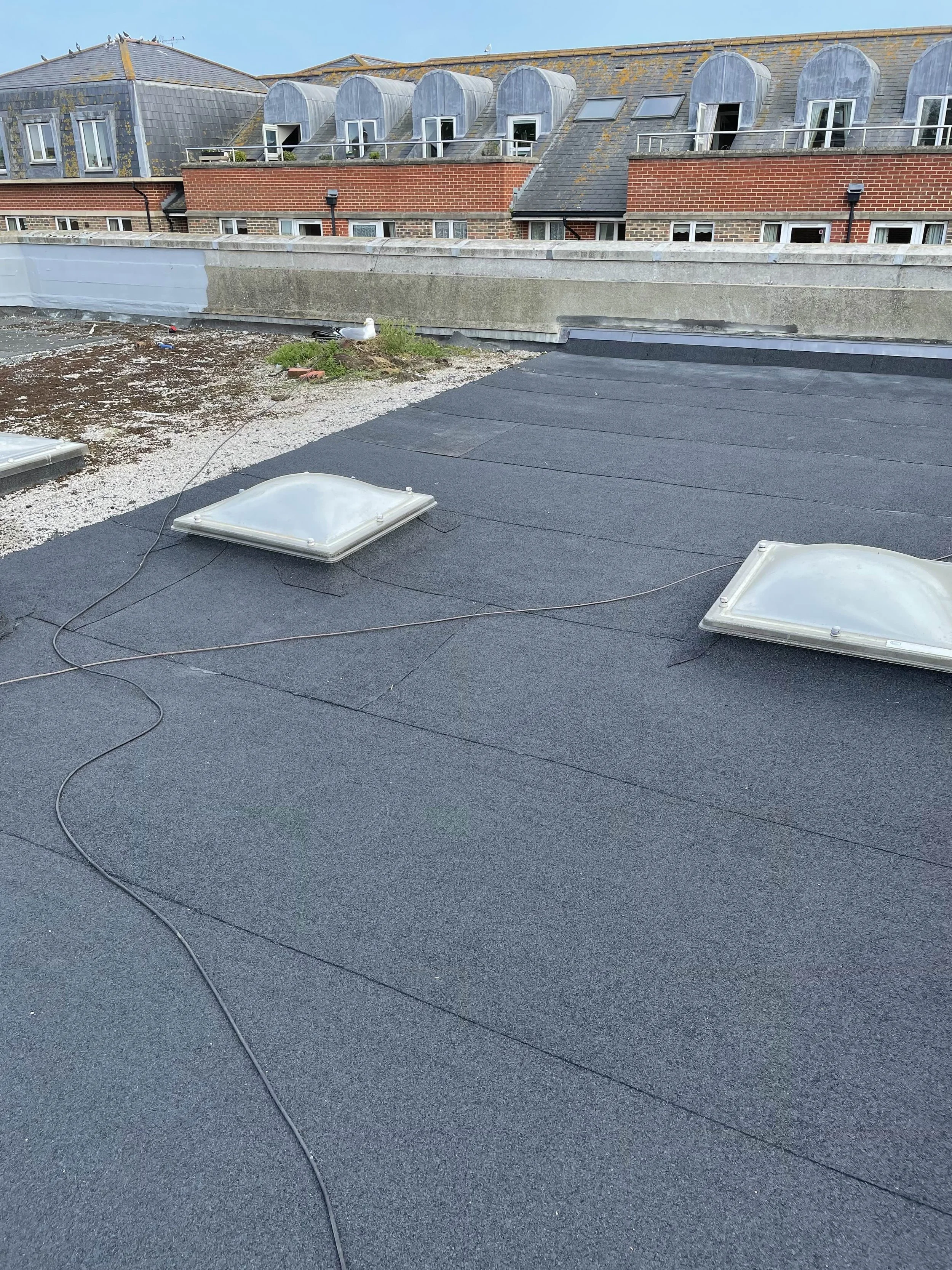 Flat rooftop with two large skylights, electrical wires, and surrounding buildings with dormer windows.