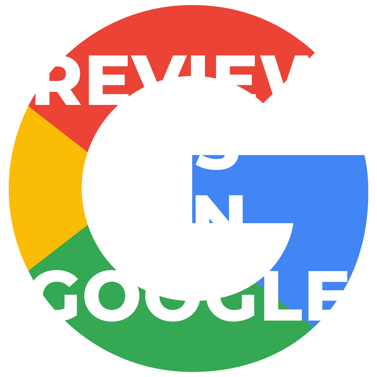 A circular graphic resembling Google's logo with the words 'REVIEW US ON GOOGLE' overlayed in white text.