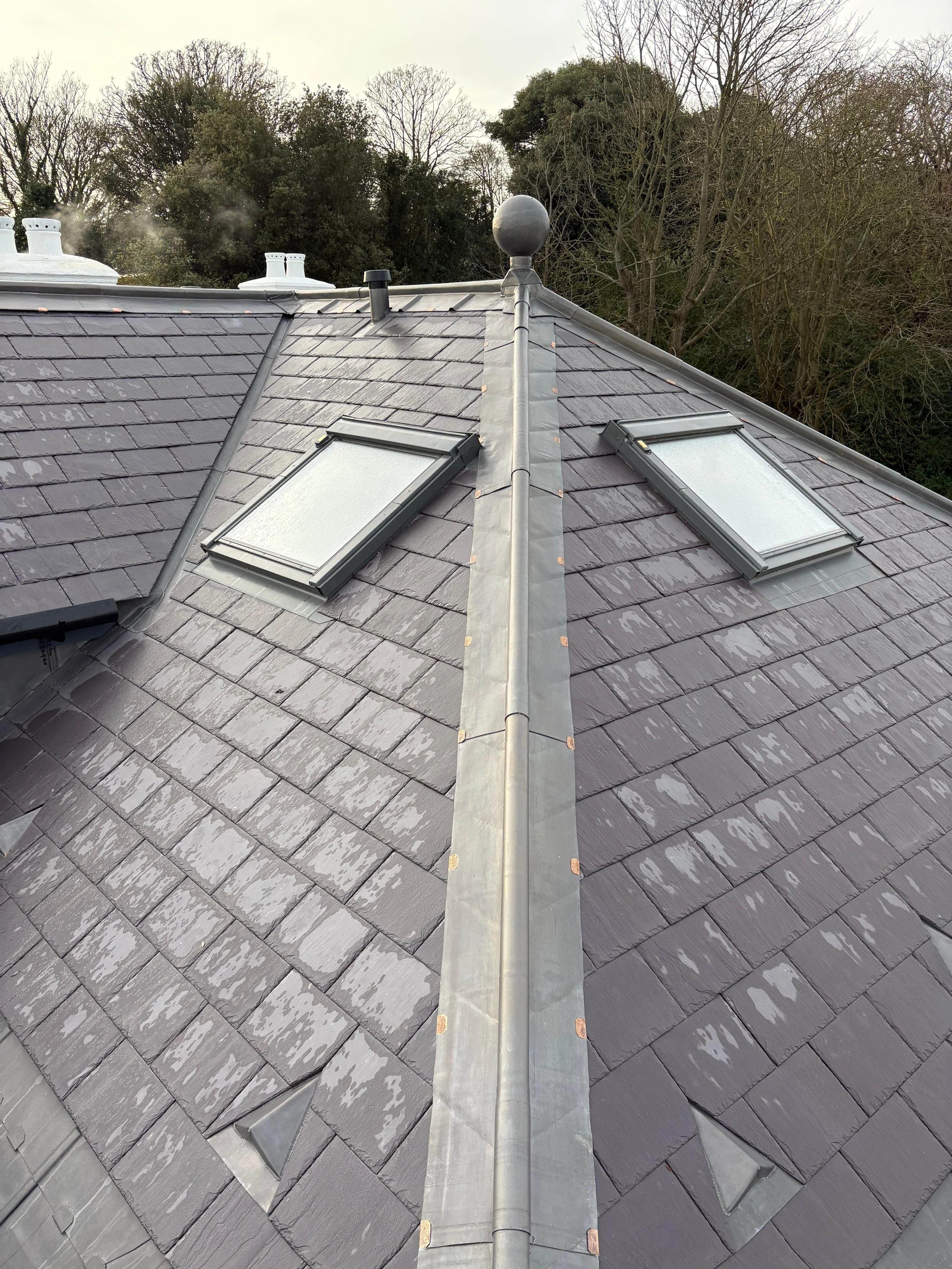 View of a gray tiled roof with two skylights and a central metal ridge, surrounded by trees in the background.