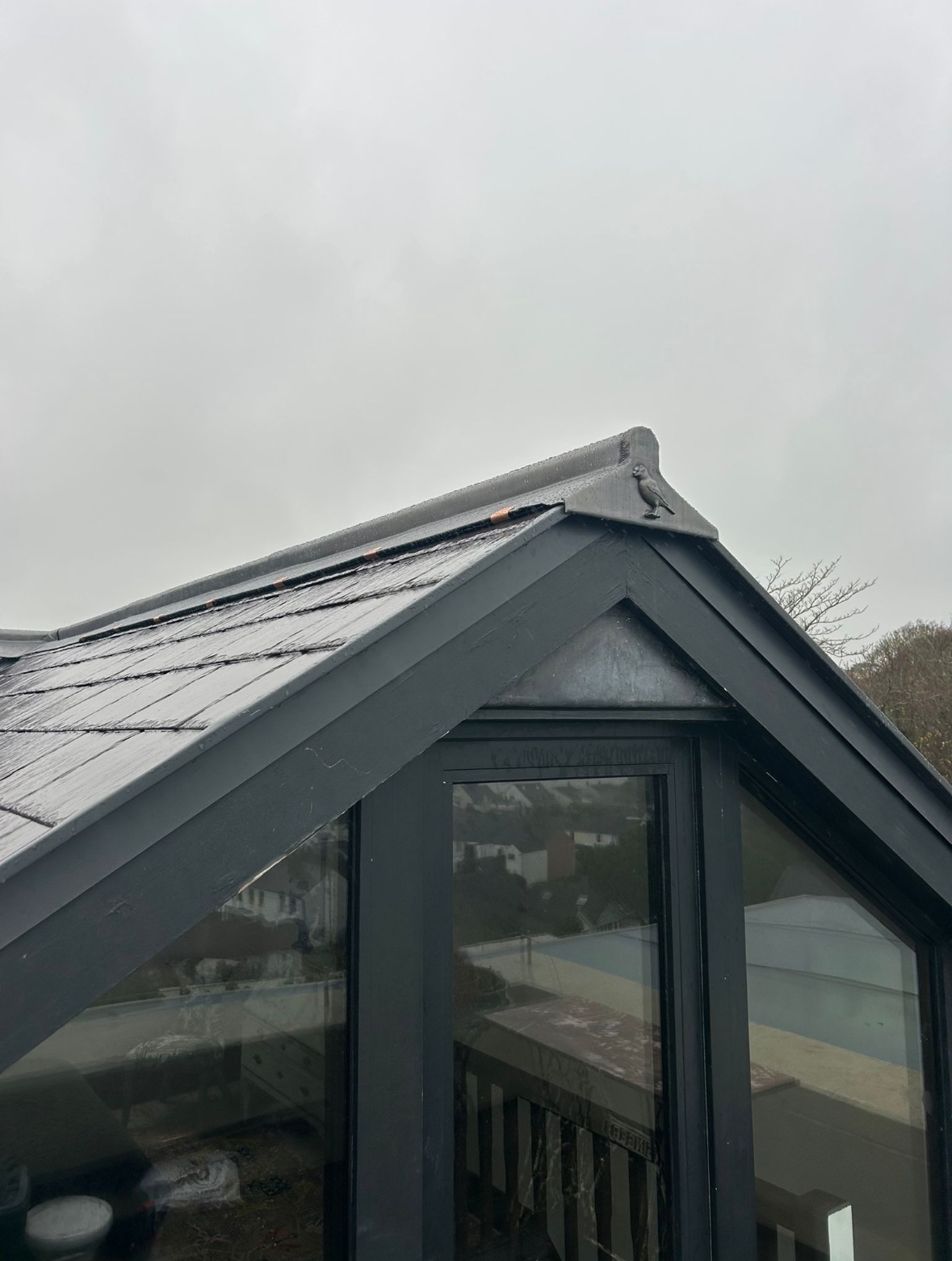 Close-up of a grey gabled roof with rain droplets, part of a house with large glass windows, overcast sky.