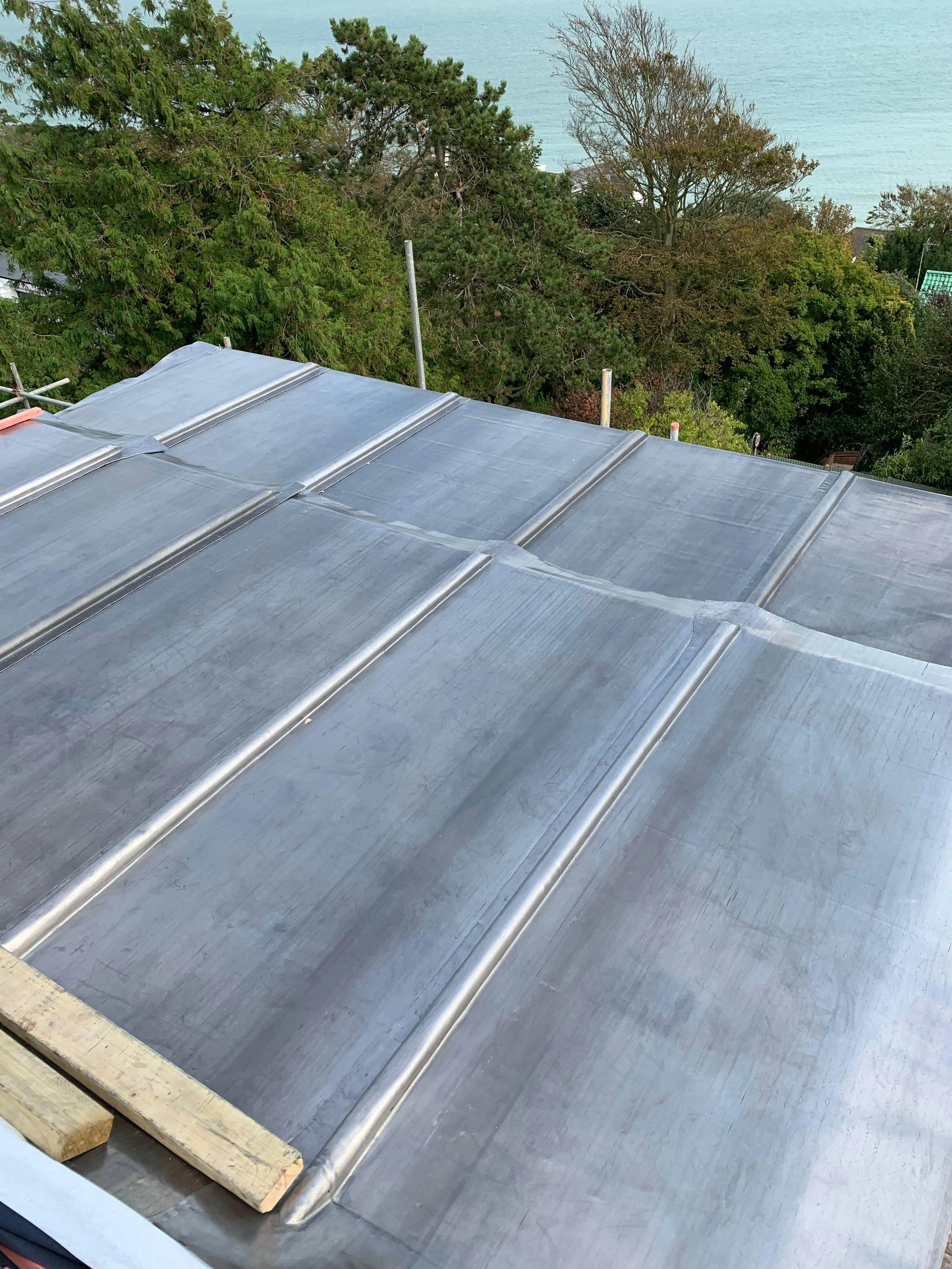Metal roof with a scenic view of trees and water in the background.