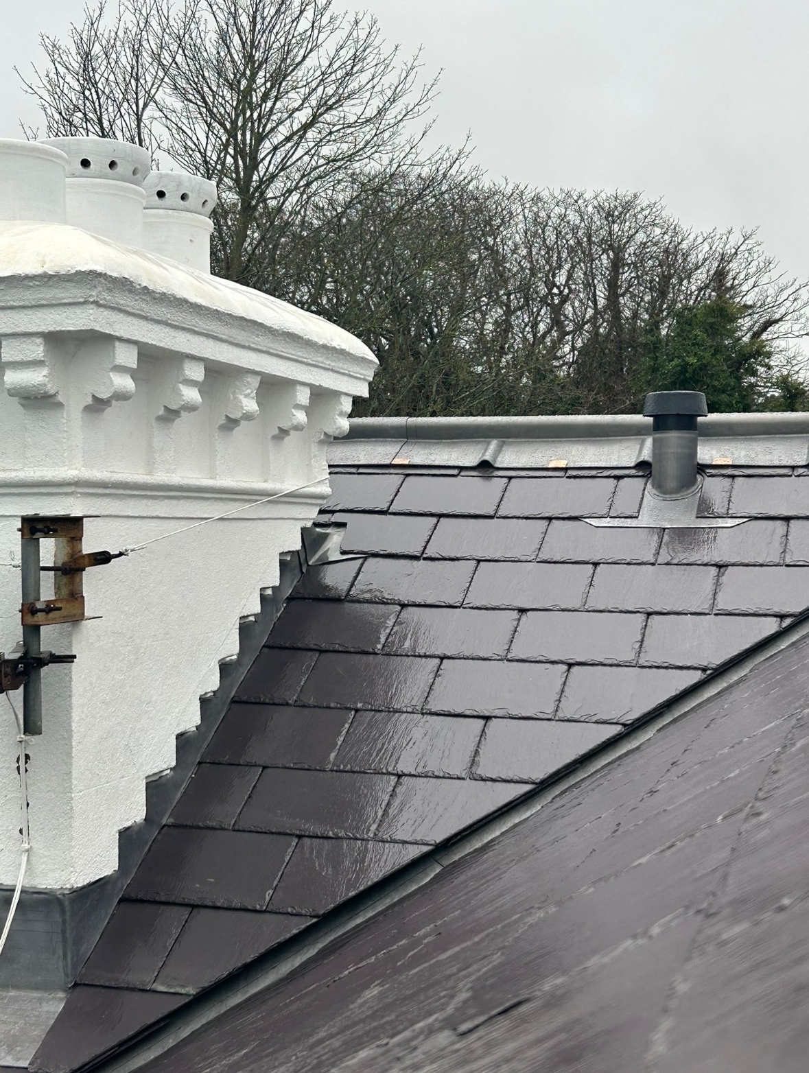 Close-up of a rooftop with dark gray shingles, chimney with white stucco, and a background of leafless trees under an overcast sky.