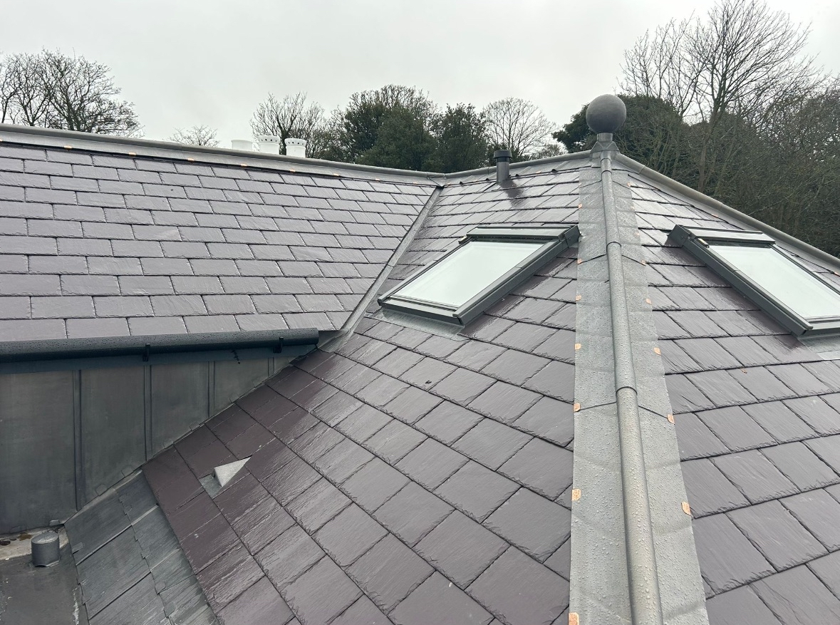Close-up view of a sloped roof with dark gray shingles, including two skylights, a metal ridge cap, and surrounding trees in the background.