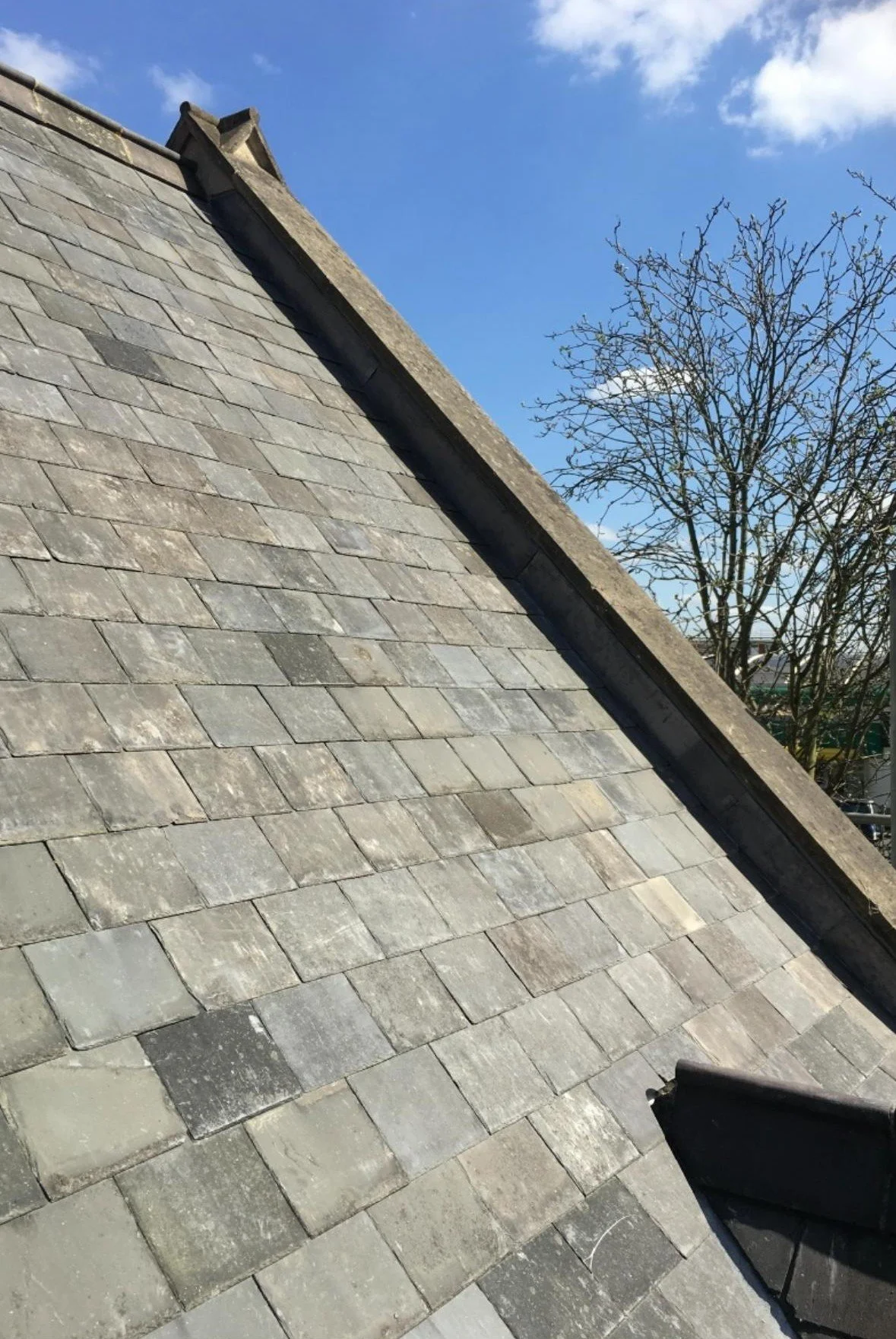 Close-up view of a grey slate tile roof with a ridge and visible blue sky and part of a leafless tree in the background.