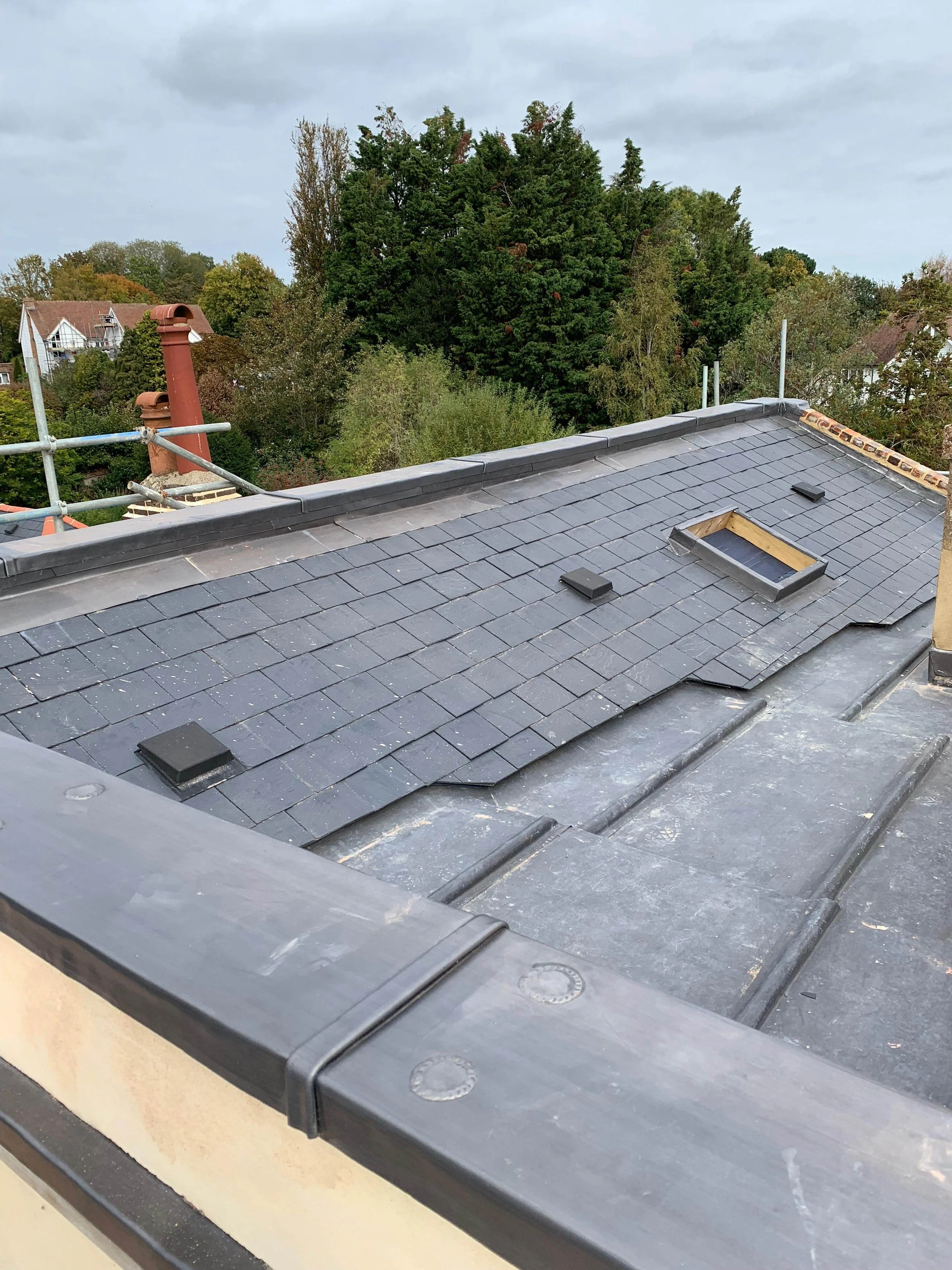 View of a rooftop with newly installed dark gray shingles, a skylight, and ventilation covers. Surrounding trees and neighboring houses are visible.
