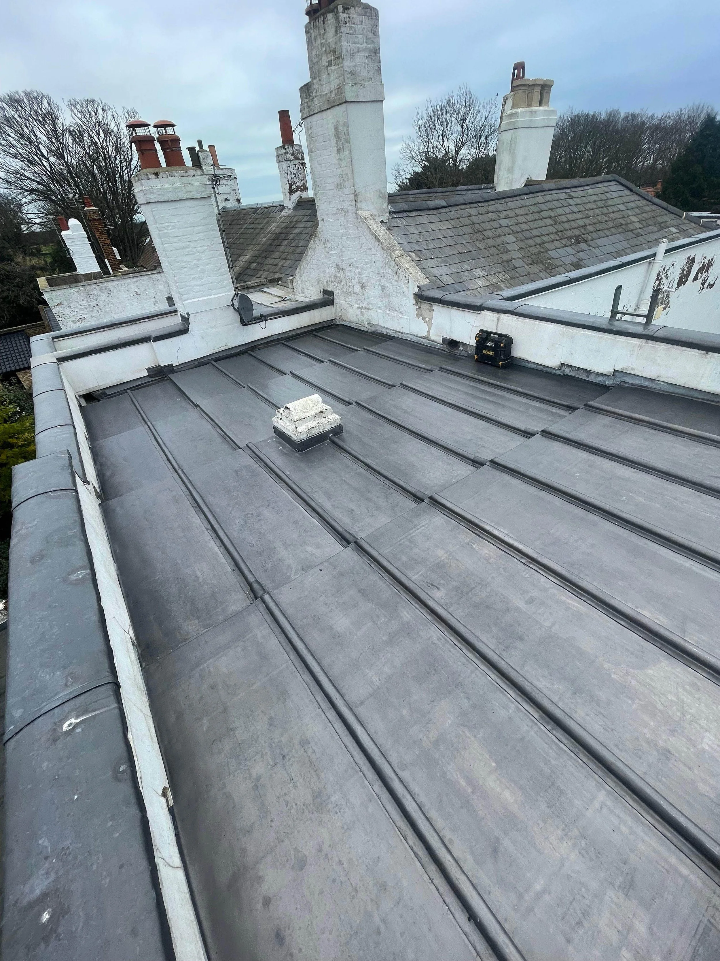 View of a metal roof on a white house with multiple chimneys, some of which are in disrepair, and surrounding trees under a cloudy sky.