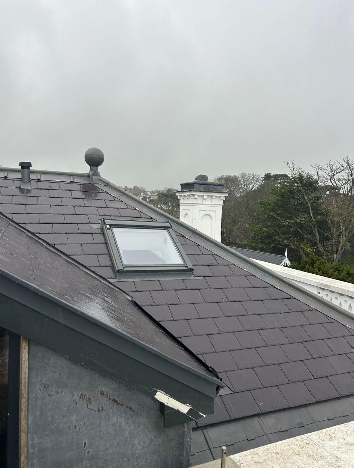 View of a gray tiled roof with a skylight window, a chimney with a black cap, and trees in the background under a cloudy sky.