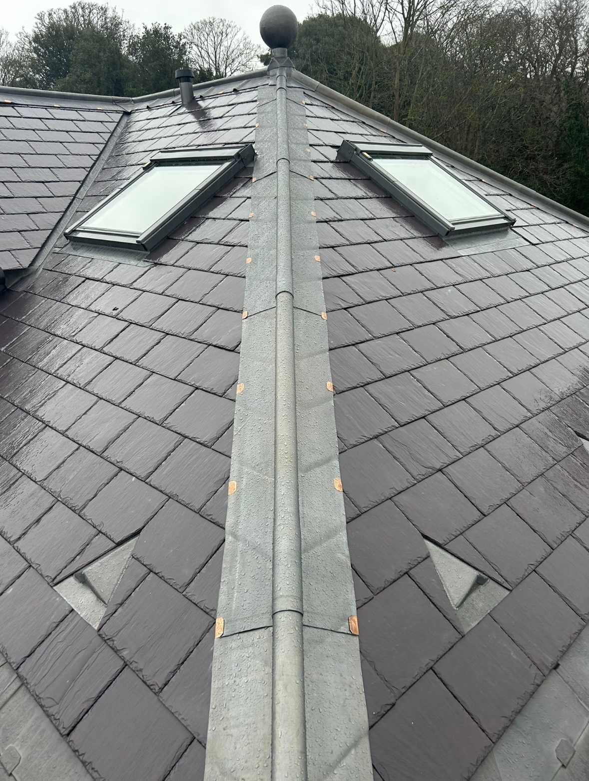 View of a gray tiled roof with two skylights, a central vent pipe, and a round finial at the roof peak, surrounded by leafless trees.
