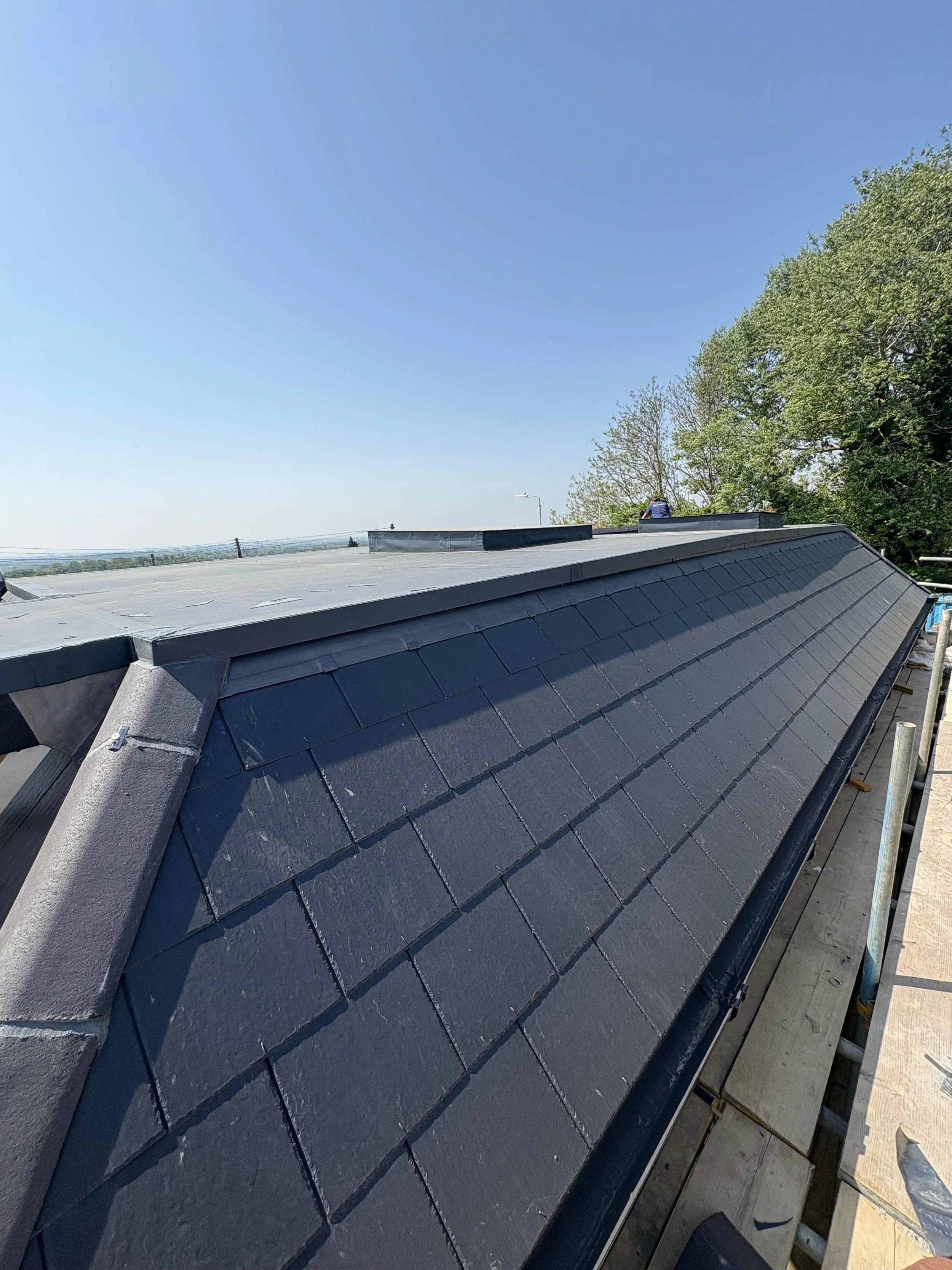View of a modern house roof with black shingles on a sunny day, with trees and a clear blue sky in the background.