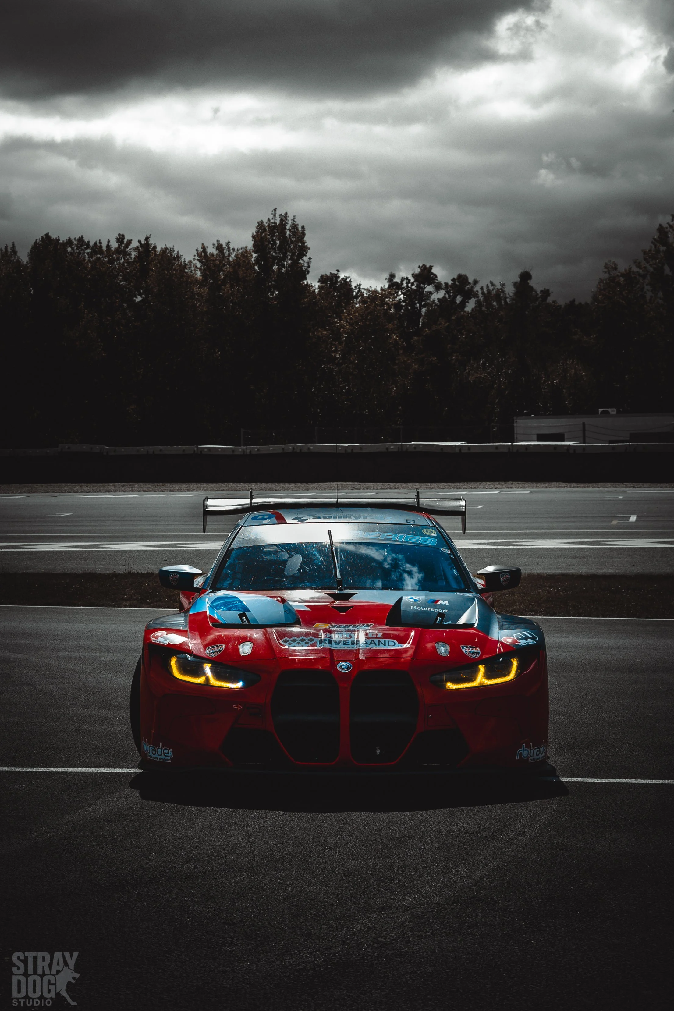 A red racing car on a track under dark, cloudy skies, with trees in the background and the logo of Stray Dog Studio in the corner.