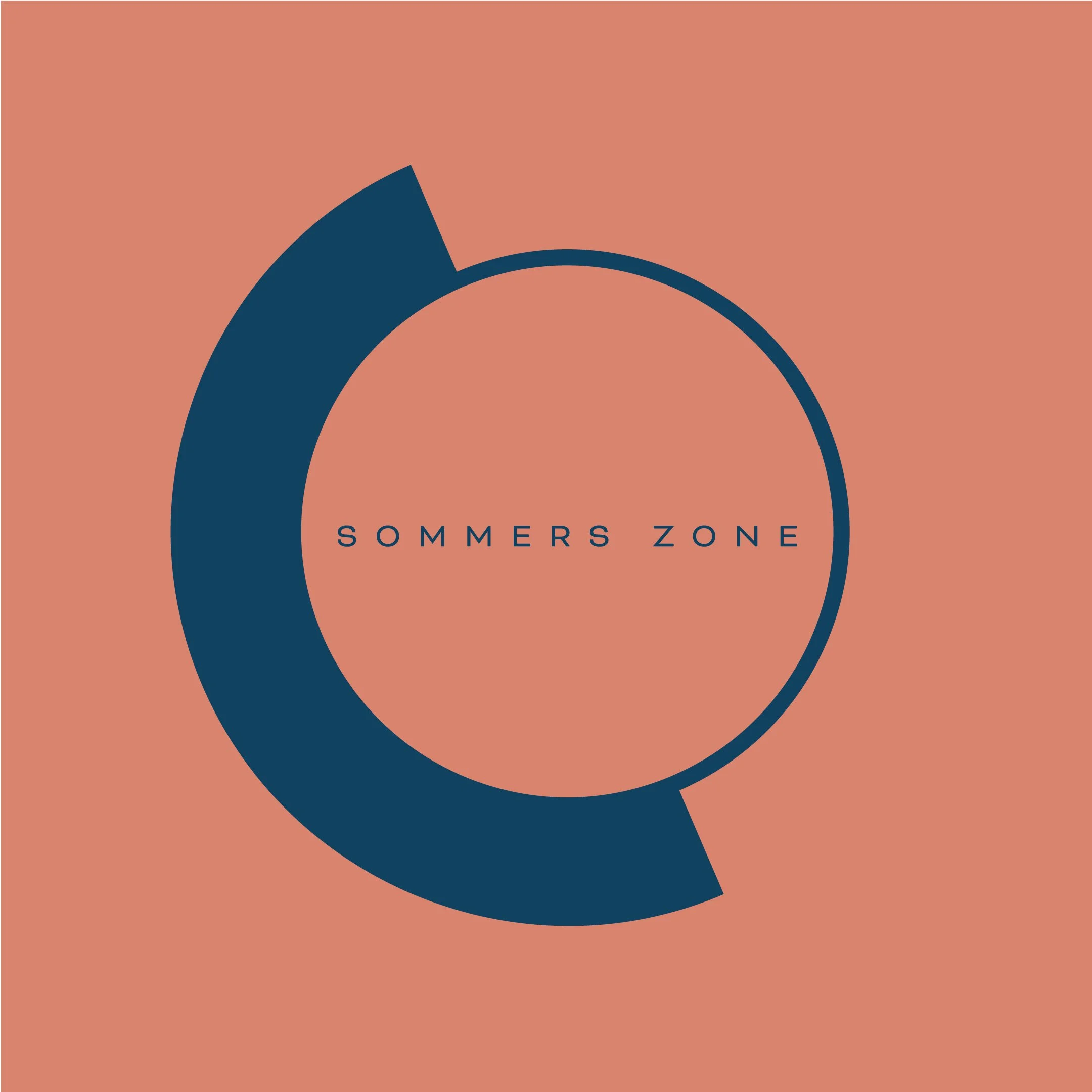 Graphic with a large navy semi-circle and a smaller navy circle on a peach background, containing the text "SOMMERS ZONE" in the center.