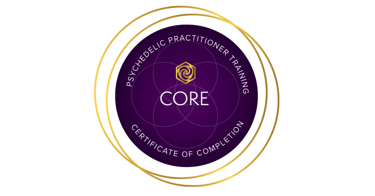 A circular certification badge with a purple background, gold border, and gold emblem in the center. Text around the badge reads "Psychedelic Practitioner Training," "Certificate of Completion," and "CORE."