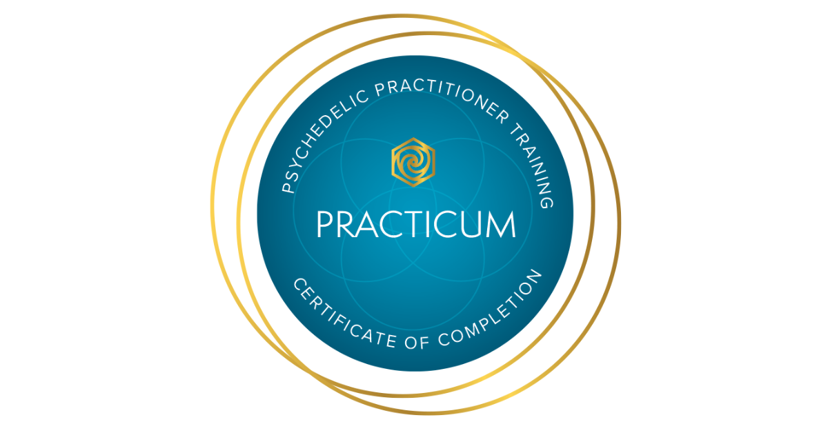 A circular certificate badge with gold concentric rings, blue interior, and white text. It reads "Psychedeic Practitioner Training" at the top, "Certificate of Completion" at the bottom, with "Practicum" in the center and a golden hexagonal spiral logo above the text.
