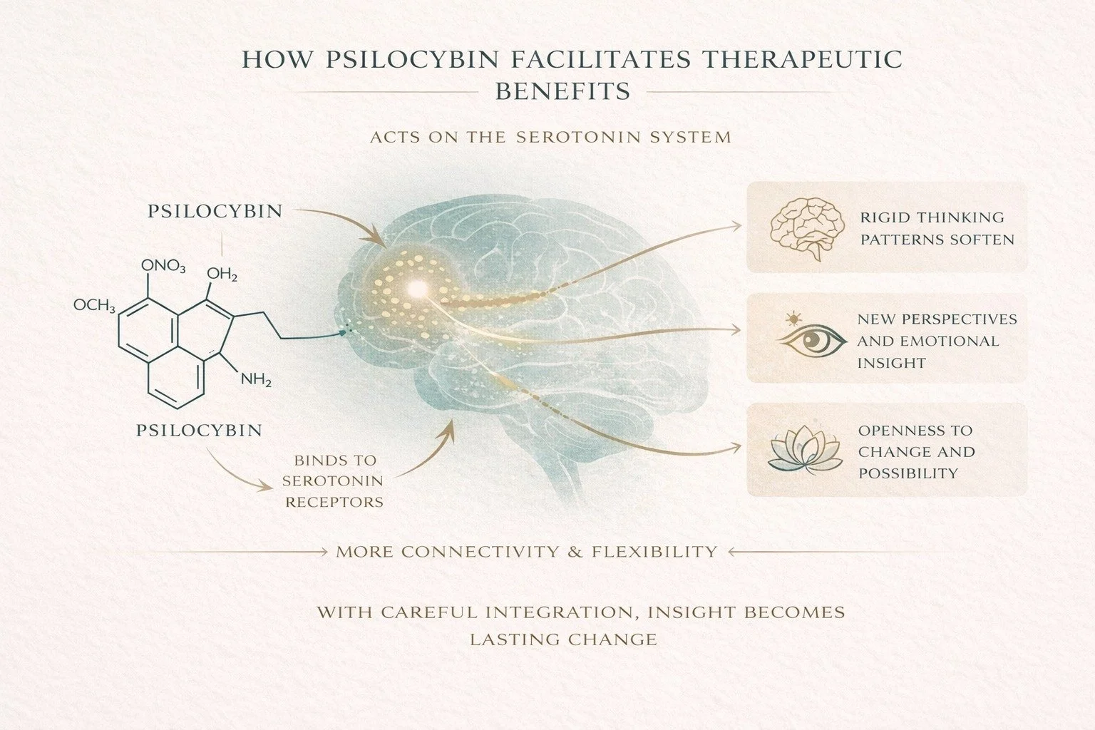 Diagram showing how psilocybin affects the serotonin system to promote therapeutic benefits, including softer thinking patterns, emotional insight, and openness to change.