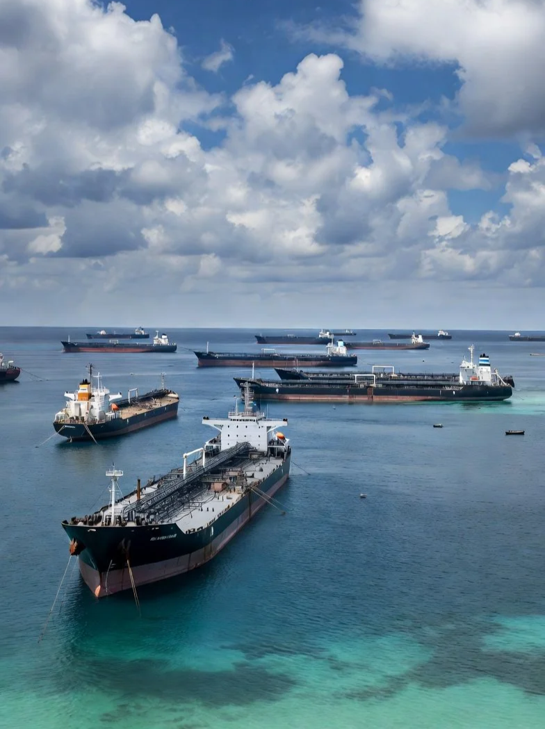 Several large oil tankers anchored in a calm ocean under a partly cloudy sky.