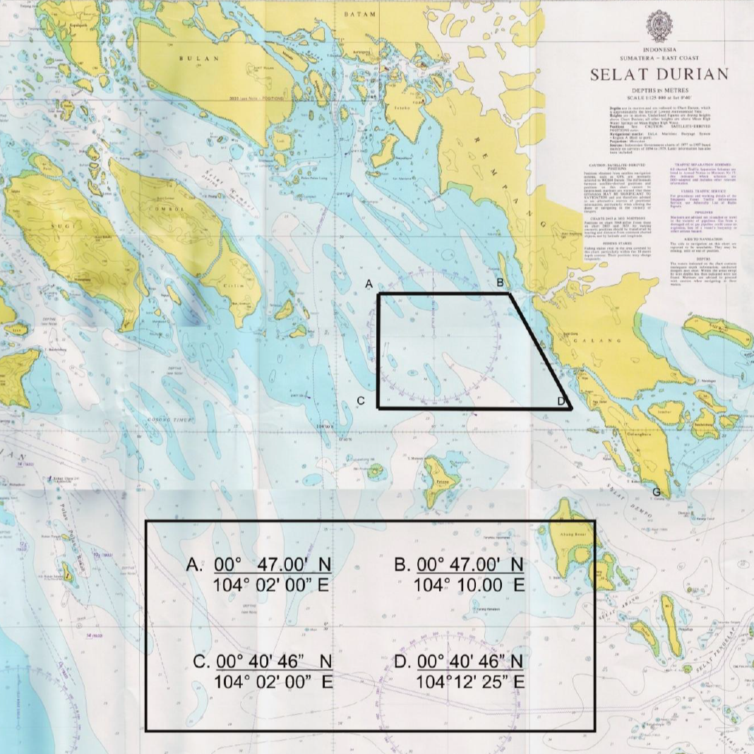 Maritime navigation chart of Selat Durian, Indonesia, with marked coordinates A, B, C, D, and a black triangle, showing depths in meters and detailed coastal features.