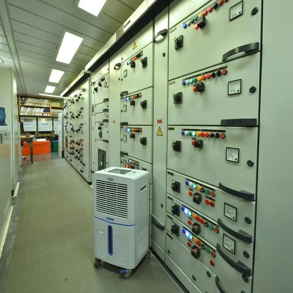 Electrical control room with large electrical panels, switches, and meters, featuring an air conditioner on the floor.