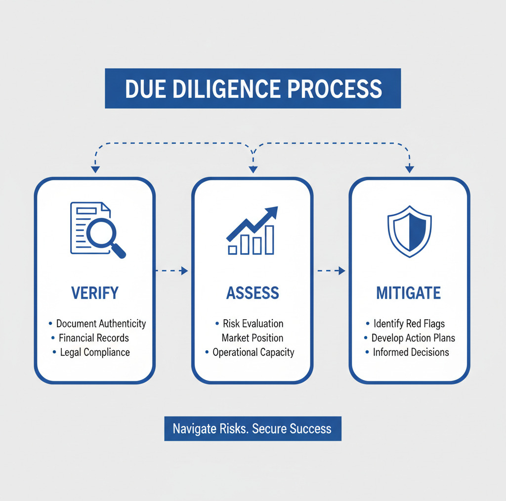 A flowchart diagram titled 'Due Diligence Process' outlining three steps: Verify, Assess, and Mitigate. Verify includes document authenticity, financial records, and legal compliance. Assess involves risk evaluation, market position, and operational capacity. Mitigate covers identifying red flags, developing action plans, and making informed decisions. The diagram has a footer emphasizing navigating risks and securing success.
