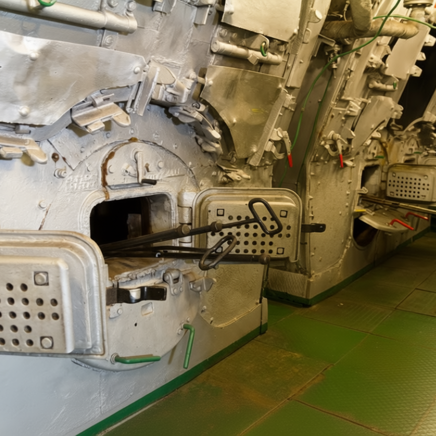 Close-up of a vintage spacecraft or satellite component with metallic panels, levers, and attached mechanisms, set on a green floor.