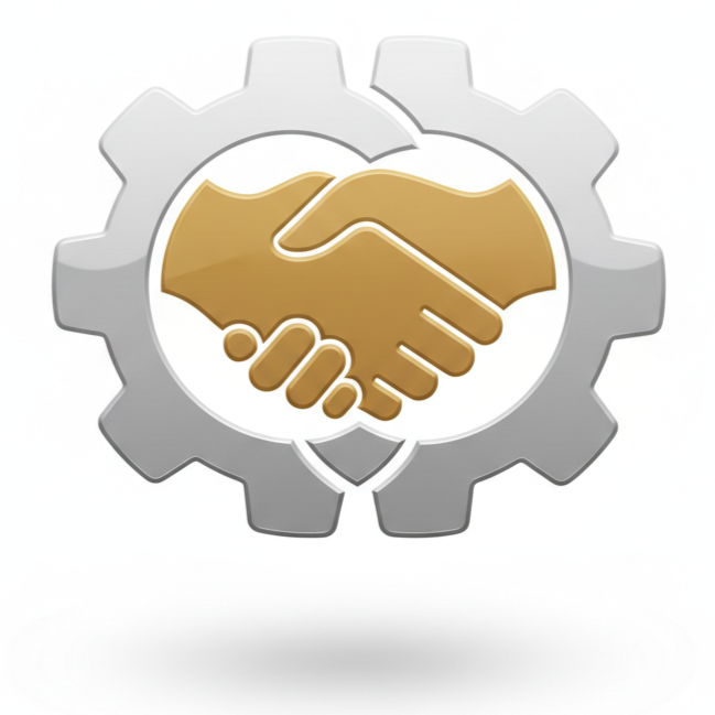 A graphic of two gold-colored hands shaking inside a gear symbol, representing partnership or collaboration.