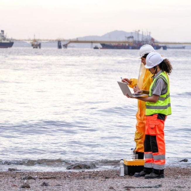 Two workers in safety gear, including helmets and reflective vests, stand on a beach near water, examining a laptop and holding equipment.