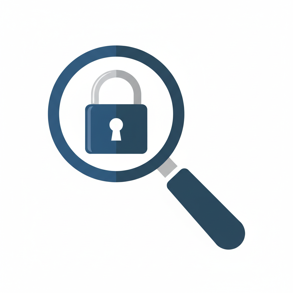 Magnifying glass examining a padlock, symbolizing security or cybersecurity.
