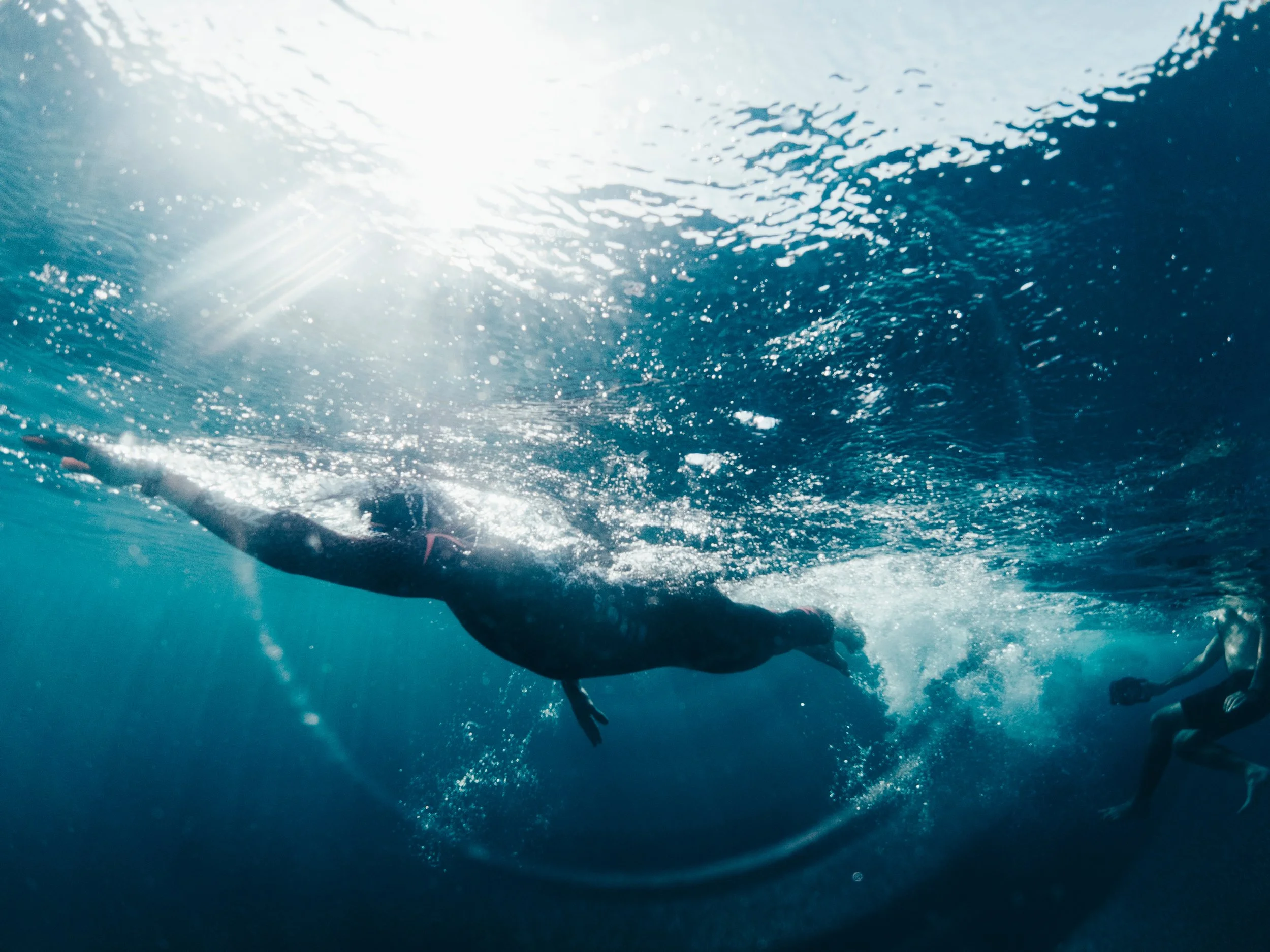 Une personne nage sous l'eau en combinaison ZOGGS de natation.
