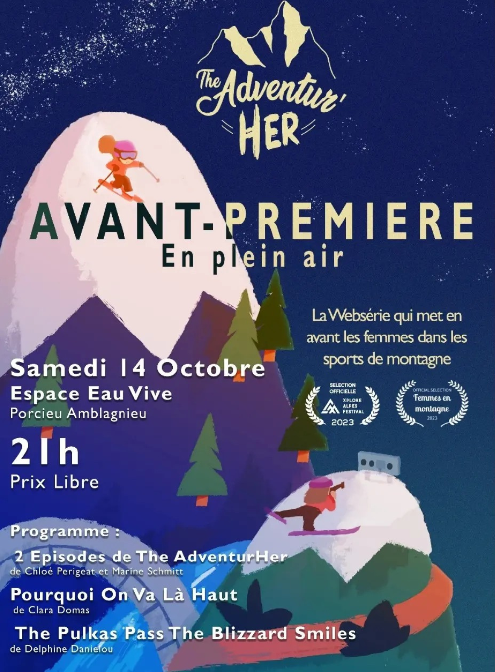 Une affiche promotionnelle pour un événement en plein air dédié aux femmes dans le sport de montagne, avec illustrations de montagnes, d'une skieuse, de sapins, et détails de la date, lieu, programme et récompenses de l'événement.