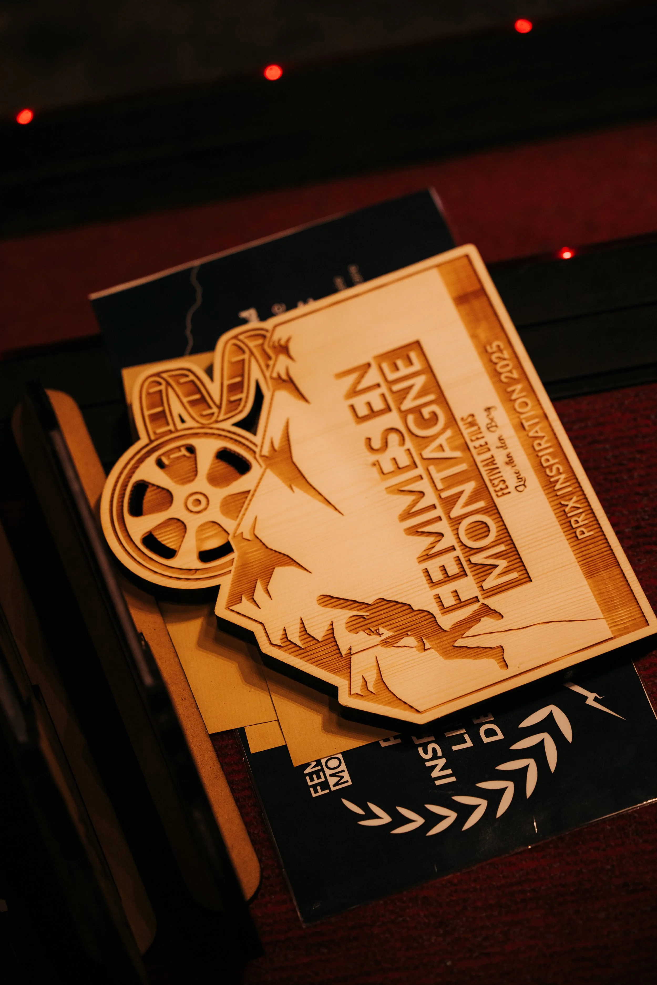 Une affiche en bois pour le Festival du cinéma "Femmes en Montagne", avec un logo représentant un film et des montagnes. L'inscription indique la 4e édition en 2025.