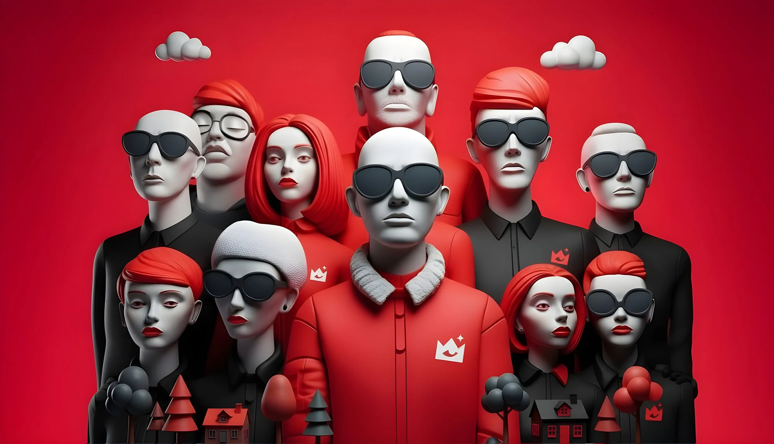 Digital illustration of twelve stylized characters with sunglasses, red and black clothing, and red hair, standing against a red background with small trees and houses at the bottom.