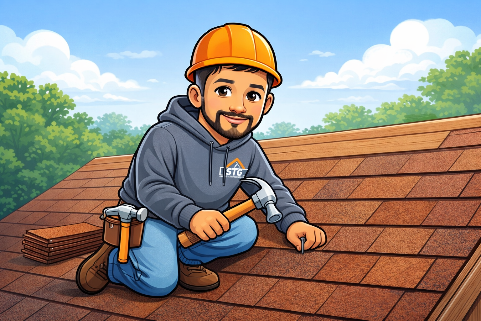 A man in a gray hoodie and orange safety helmet kneeling on a roof, hammering a nail into shingles with a bundle of shingles nearby, and a background of blue sky and green trees.